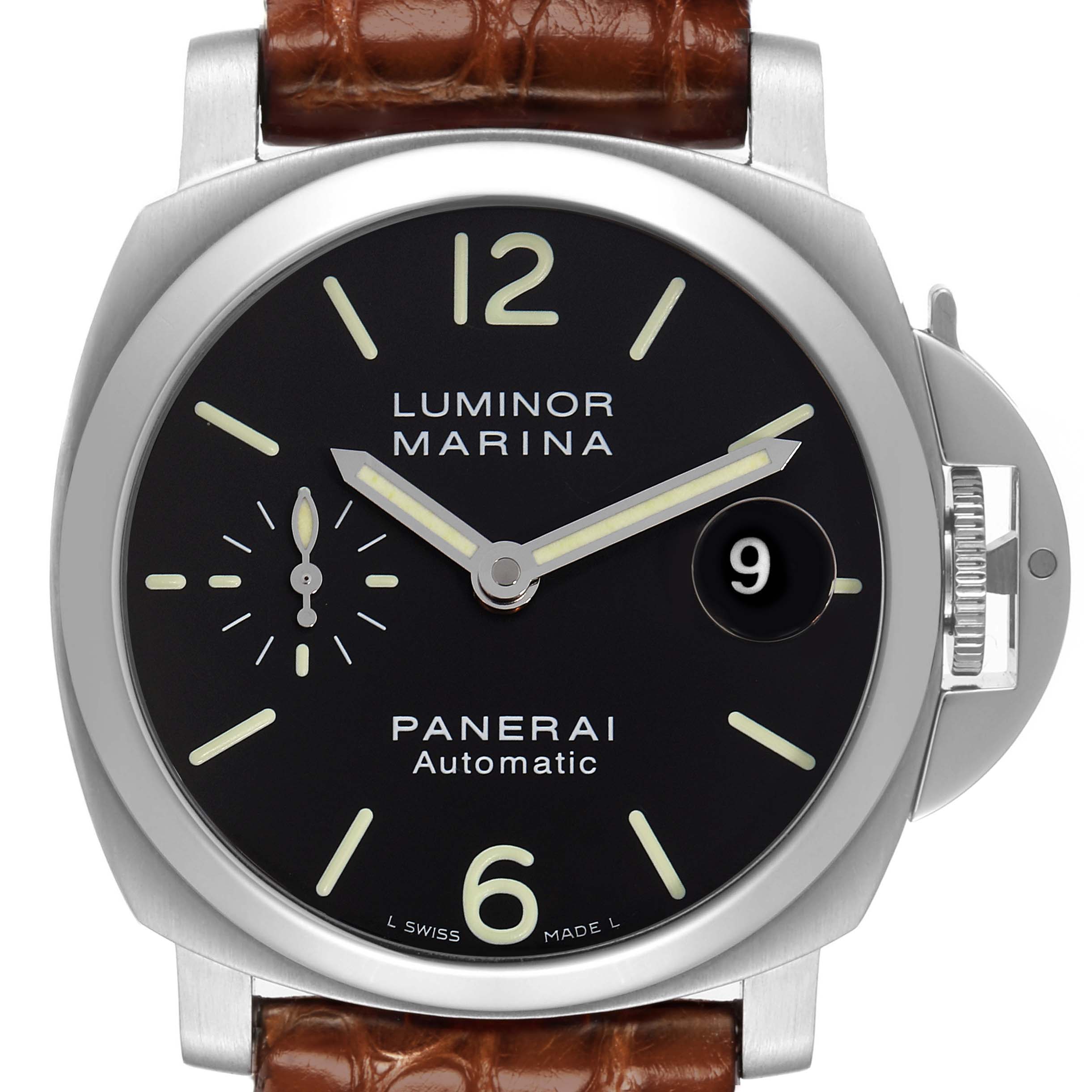 The Panerai Luminor PAM00048 Men
s Stainless Steel Black Dial PAM00048 Men
s Stainless Steel Black Dial watch is shown from the front, displaying the face, dial, and crown guard.