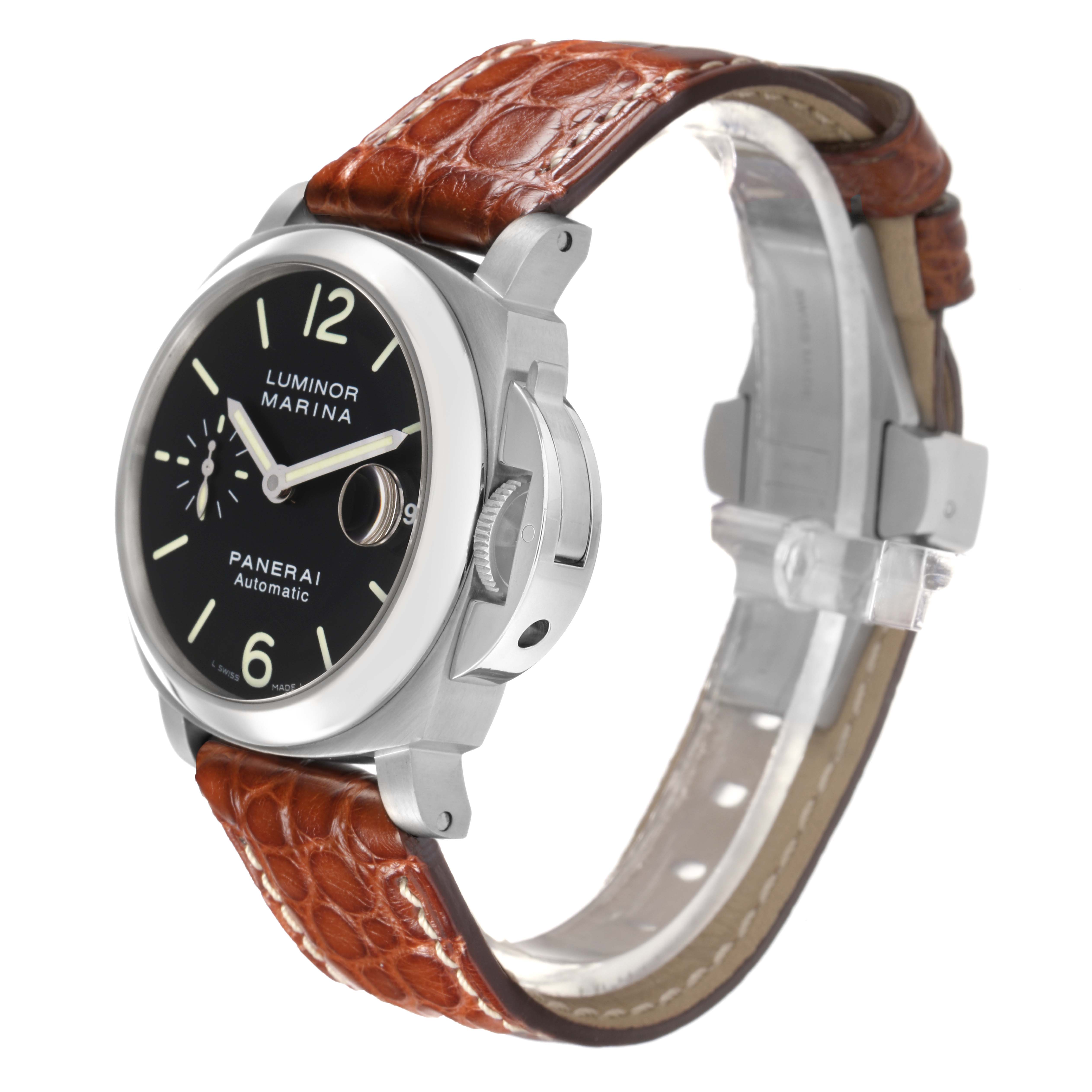 The Panerai Luminor PAM00048 Men
s Stainless Steel Black Dial PAM00048 Men
s Stainless Steel Black Dial watch is shown at a slight angle, highlighting the dial, bezel, crown guard, and leather strap.