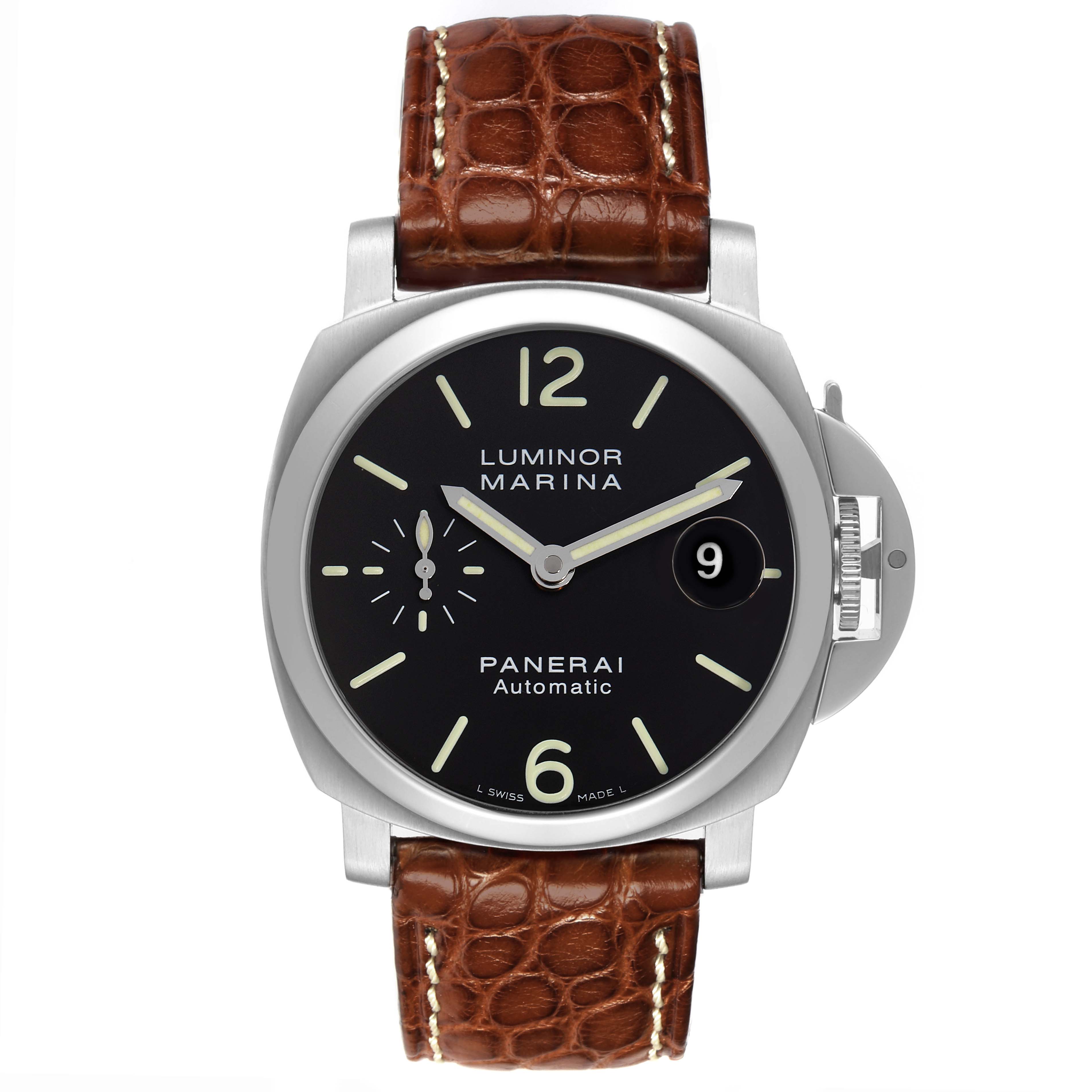 The Panerai Luminor PAM00048 Men
s Stainless Steel Black Dial PAM00048 Men
s Stainless Steel Black Dial watch is shown from a straight-on angle, highlighting the face, crown guard, and leather strap.