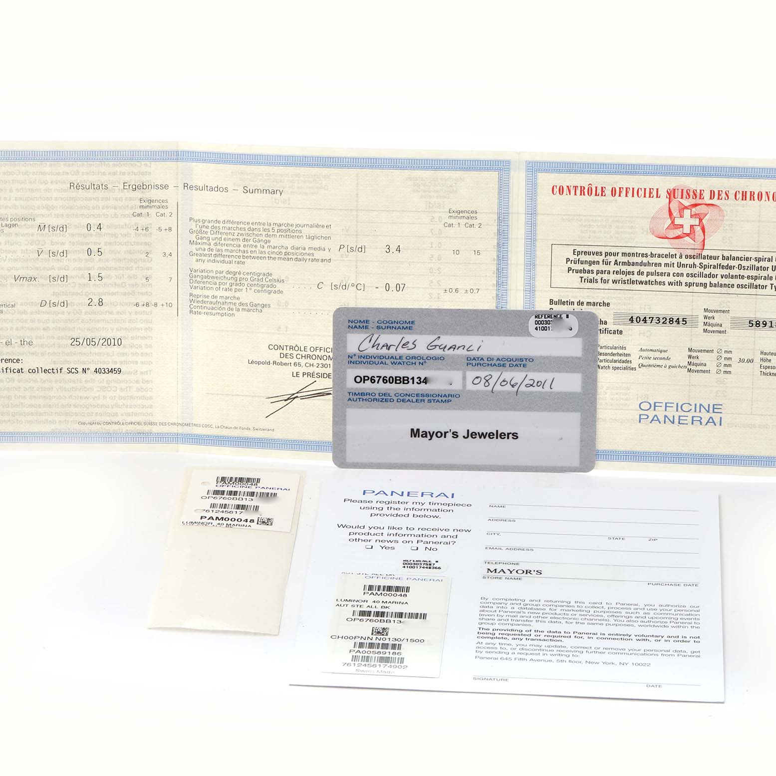 The image shows Luminor by Panerai documentation and certificates, including warranty cards and test results.