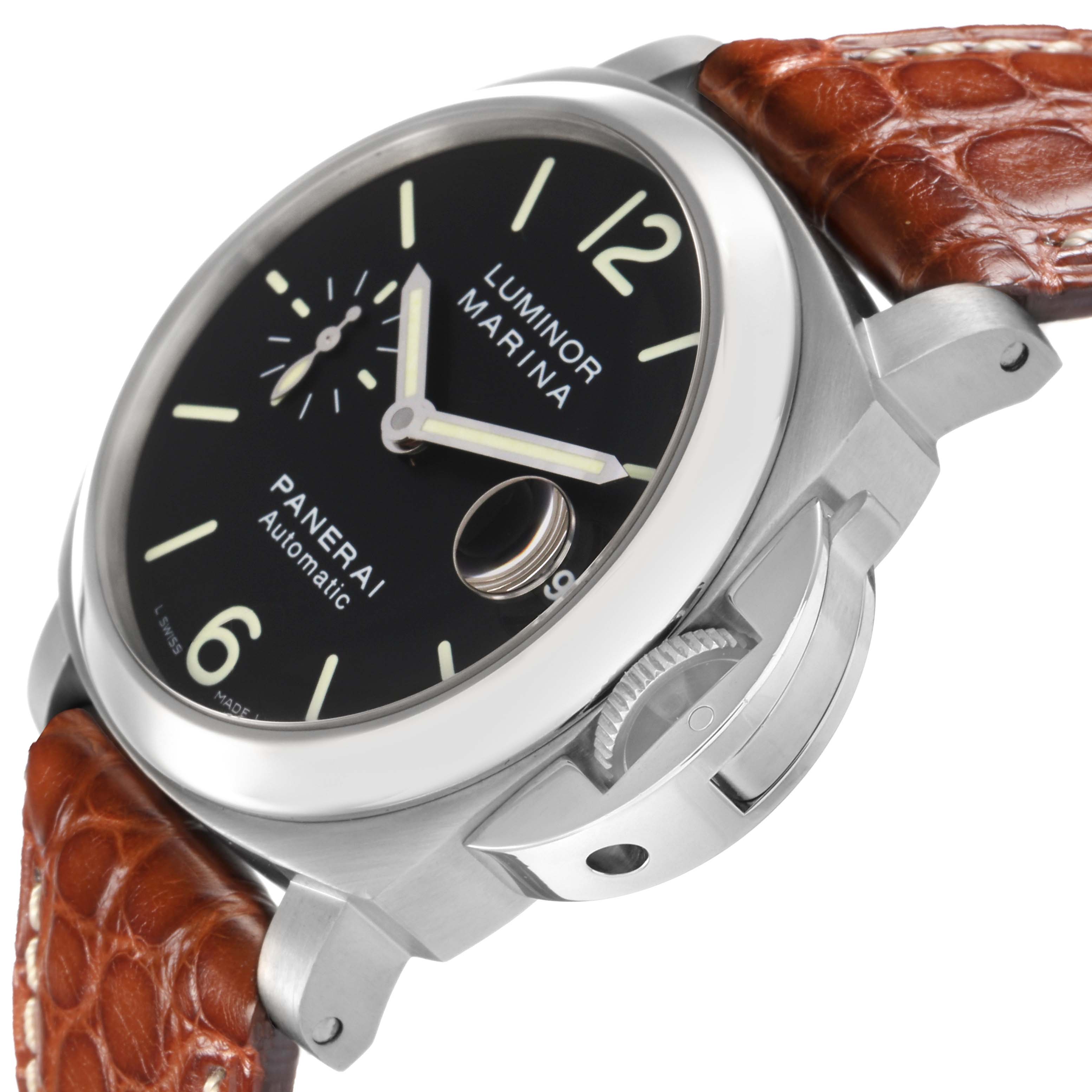 The Panerai Luminor PAM00048 Men
s Stainless Steel Black Dial PAM00048 Men
s Stainless Steel Black Dial watch is shown at an angle highlighting the crown guard, dial, and leather strap.