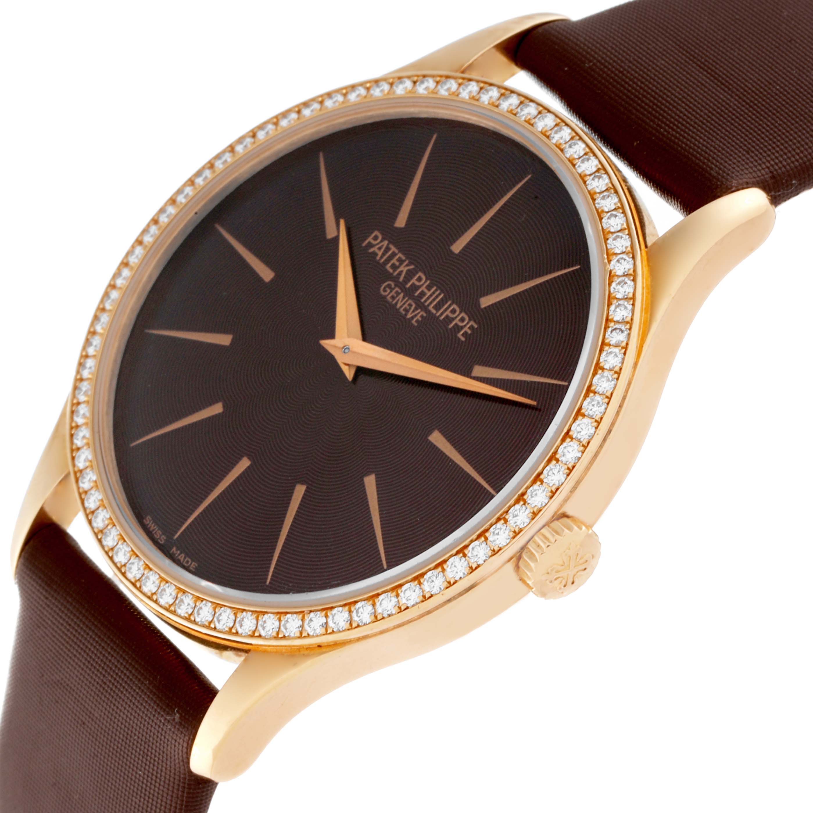 The image shows a close-up of a Patek Philippe Calatrava 4897R-001 Women's Rose Gold Brown Dial 4897R-001 Women's Rose Gold Brown Dial watch, capturing the dial, diamond bezel, and a portion of the strap.