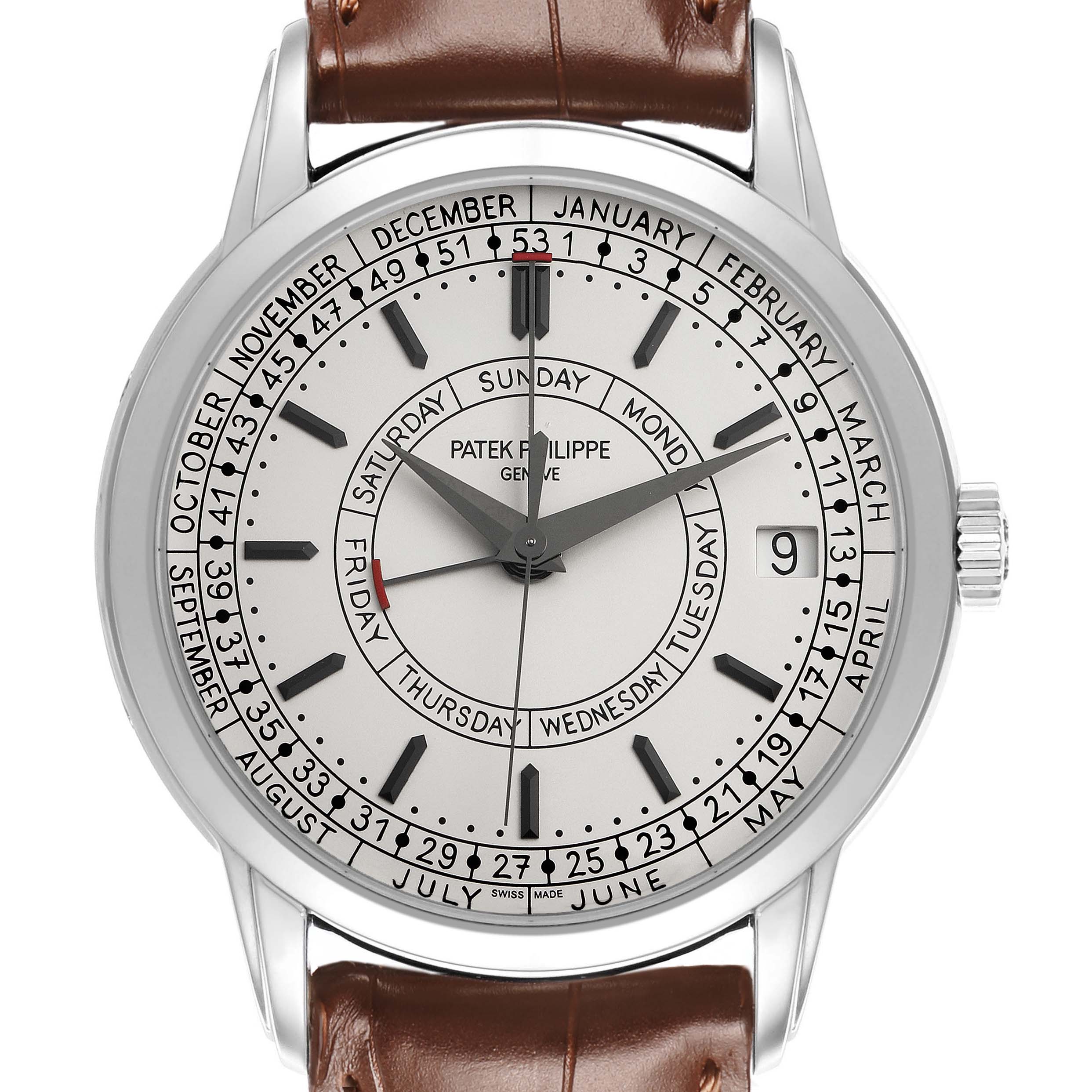 The Patek Philippe Complications 5212A-001 Men's Stainless Steel Silver Dial watch is shown from a front angle, displaying the dial, day, date, and month indicators clearly.