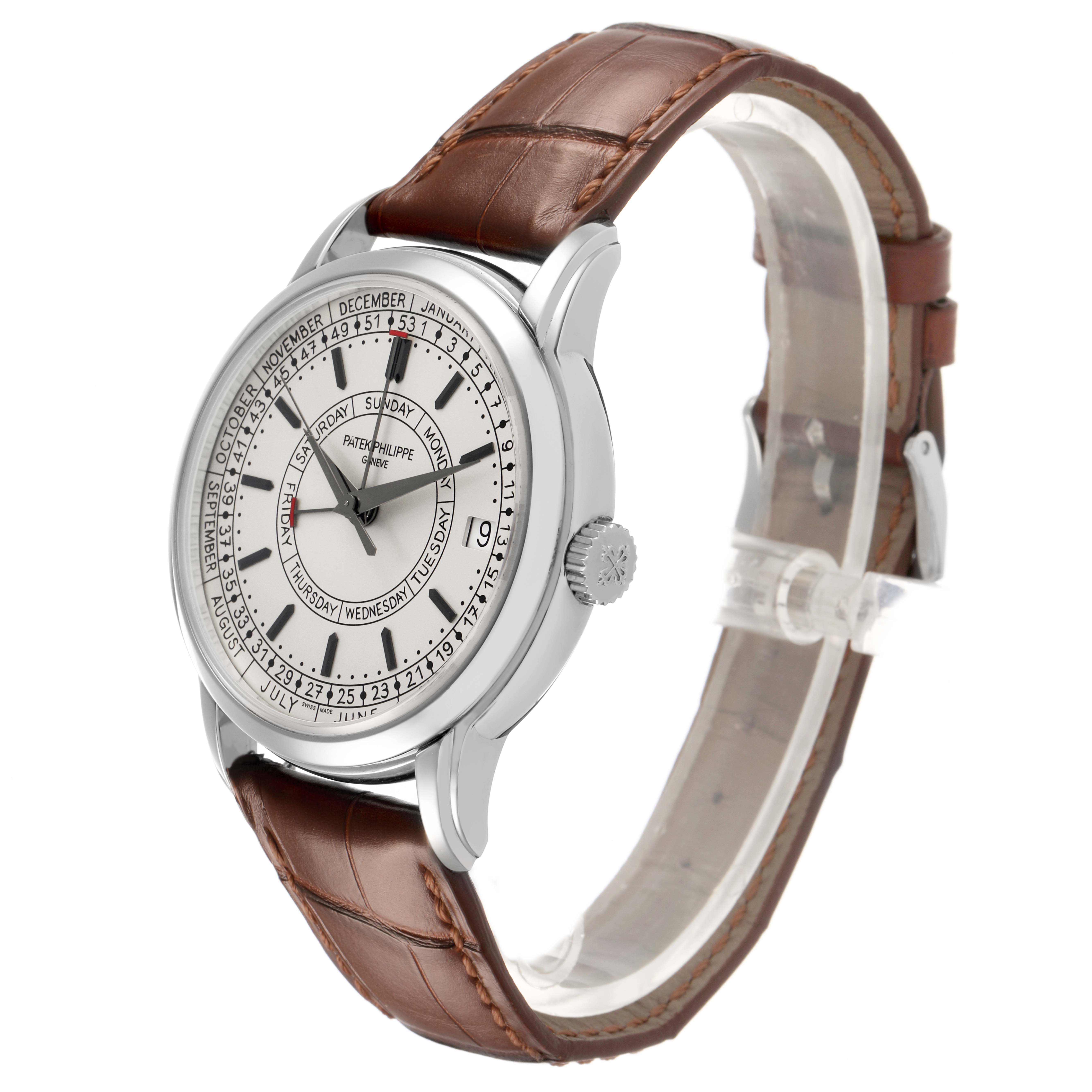 The Patek Philippe Complications 5212A-001 Men's Stainless Steel Silver Dial watch is shown at a slight angle, displaying the face, bezel, and brown leather strap.