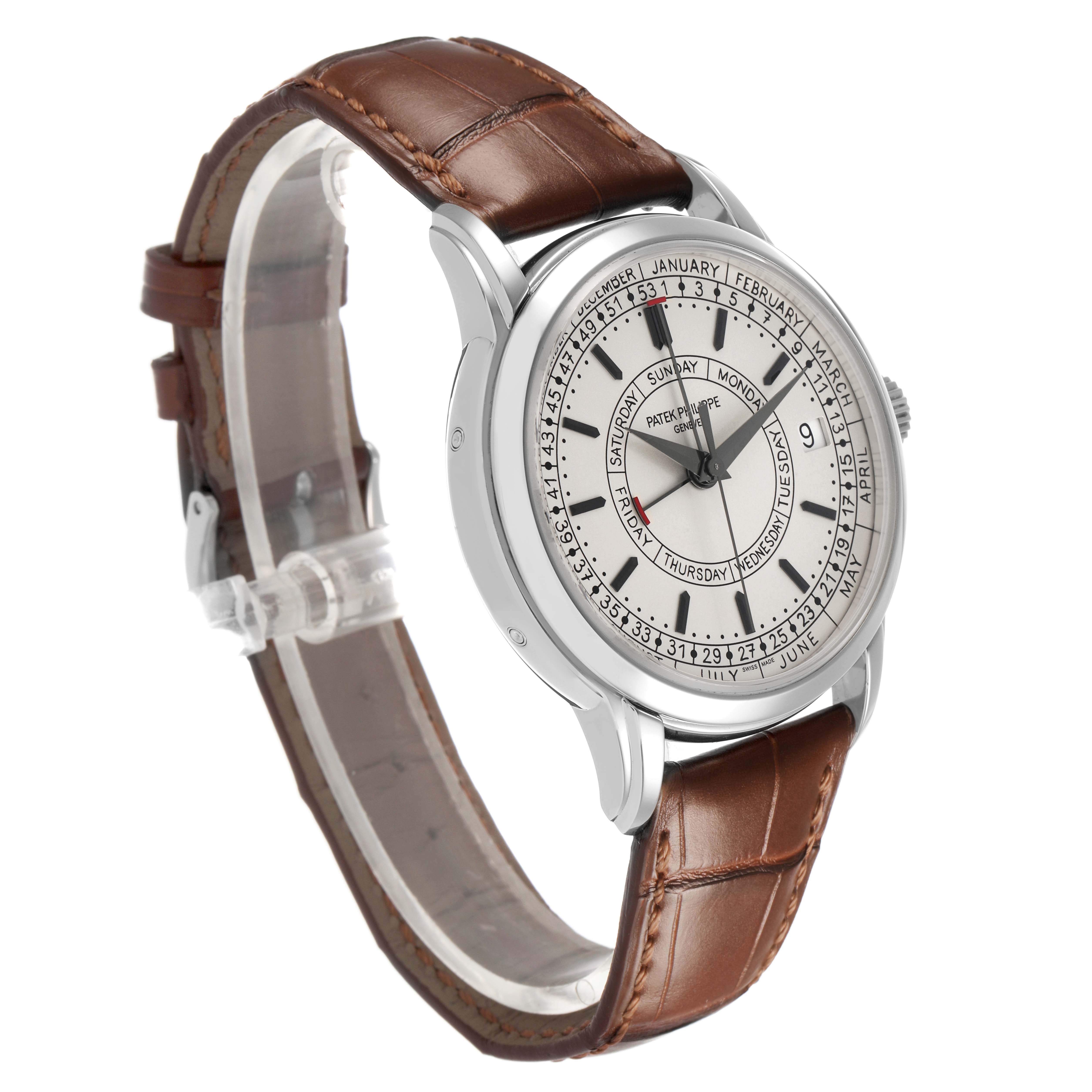 The Patek Philippe Complications 5212A-001 Men's Stainless Steel Silver Dial watch is shown at a three-quarter angle, highlighting the dial, case, and brown leather strap.