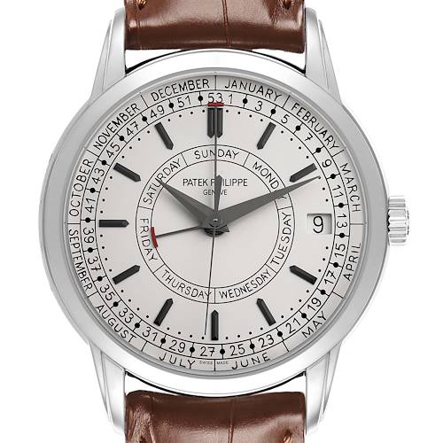 The Patek Philippe Complications 5212A-001 Men's Stainless Steel Silver Dial watch is shown from a front angle, displaying its dial with day, date, and month indicators.