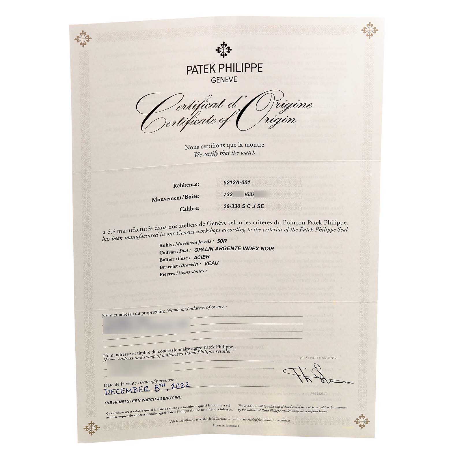 This image shows the Certificate of Origin for a Patek Philippe Complications 5212A-001 Men's Stainless Steel Silver Dial watch.