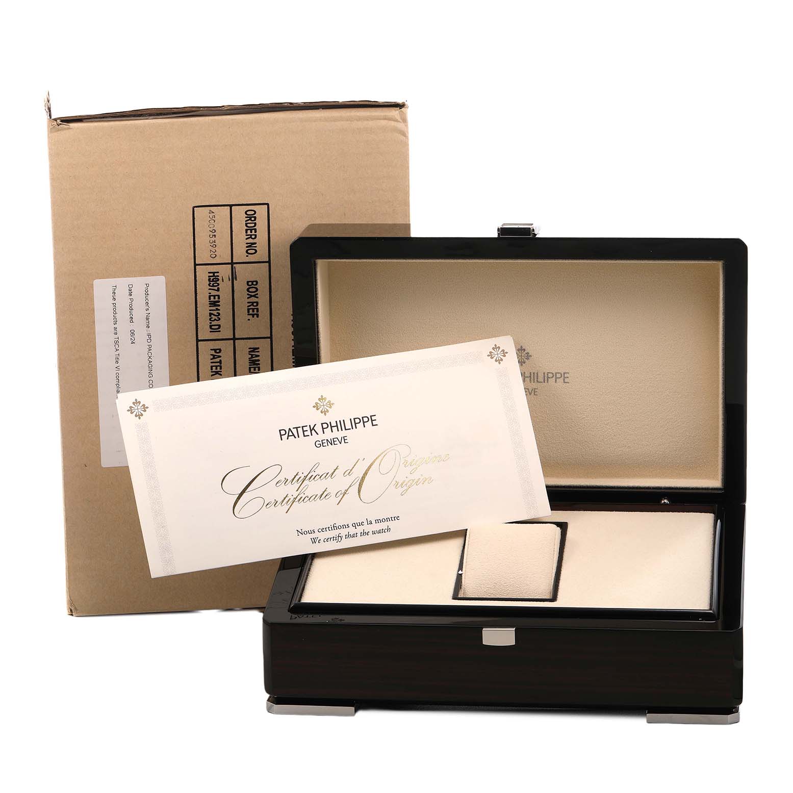 The image shows a Patek Philippe Complications 5212A-001 Men's Stainless Steel Silver Dial watch box, open from the front, with certificates displayed inside.
