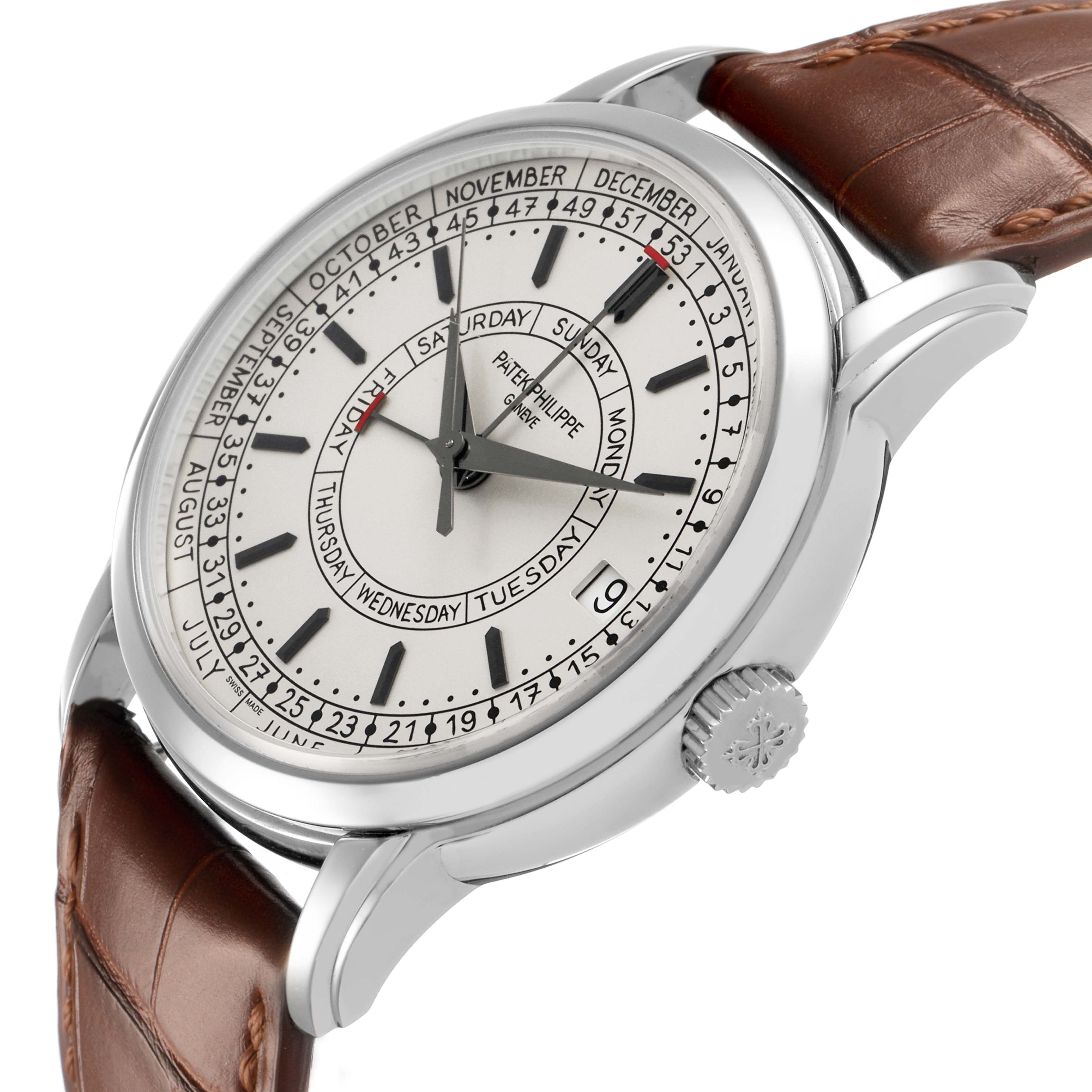 The Patek Philippe Complications 5212A-001 Men's Stainless Steel Silver Dial watch is shown at a three-quarter angle, highlighting the face, case, and crown, along with a brown leather strap.
