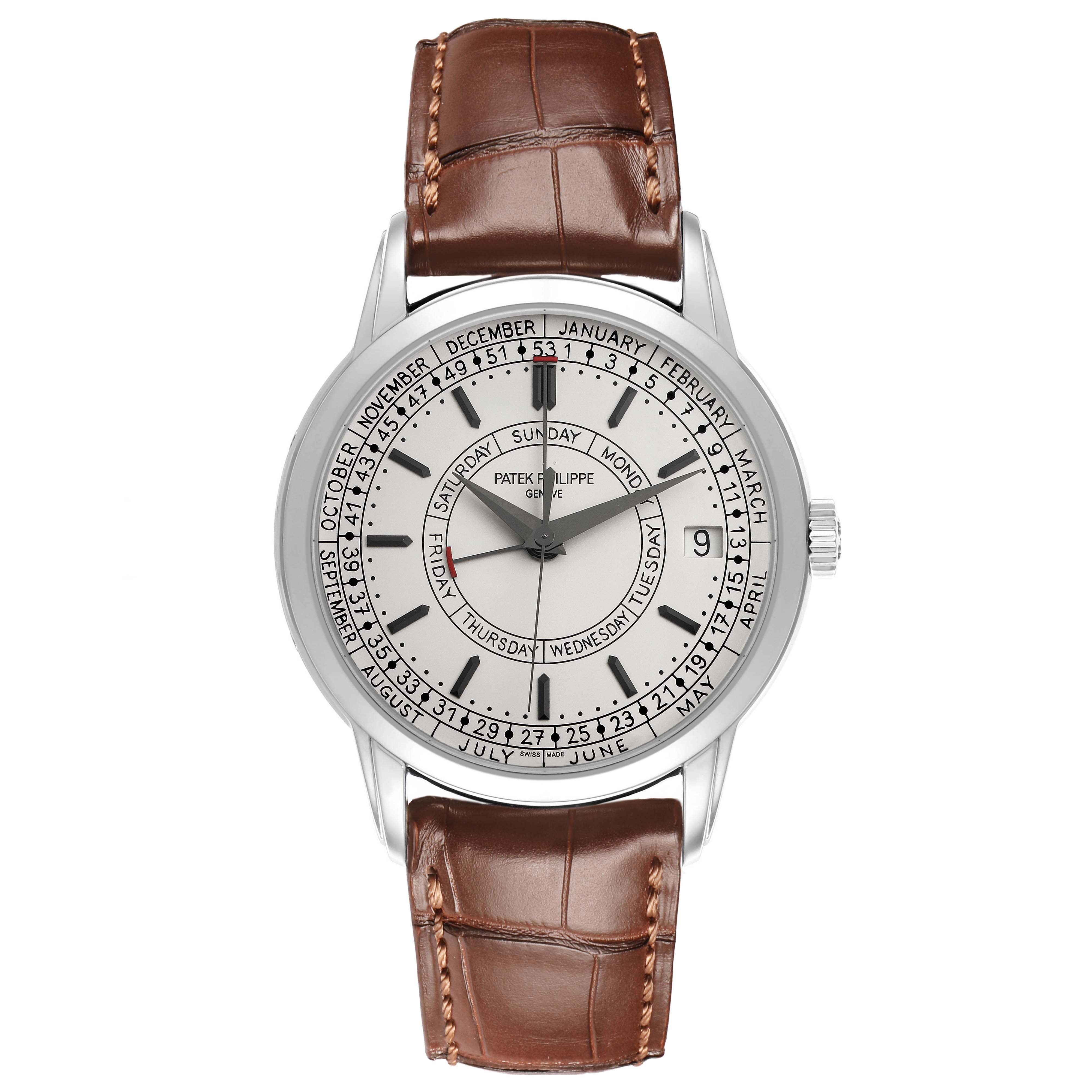 The Patek Philippe Complications 5212A-001 Men's Stainless Steel Silver Dial watch is shown from a top-down angle, displaying the dial, leather strap, and crown.