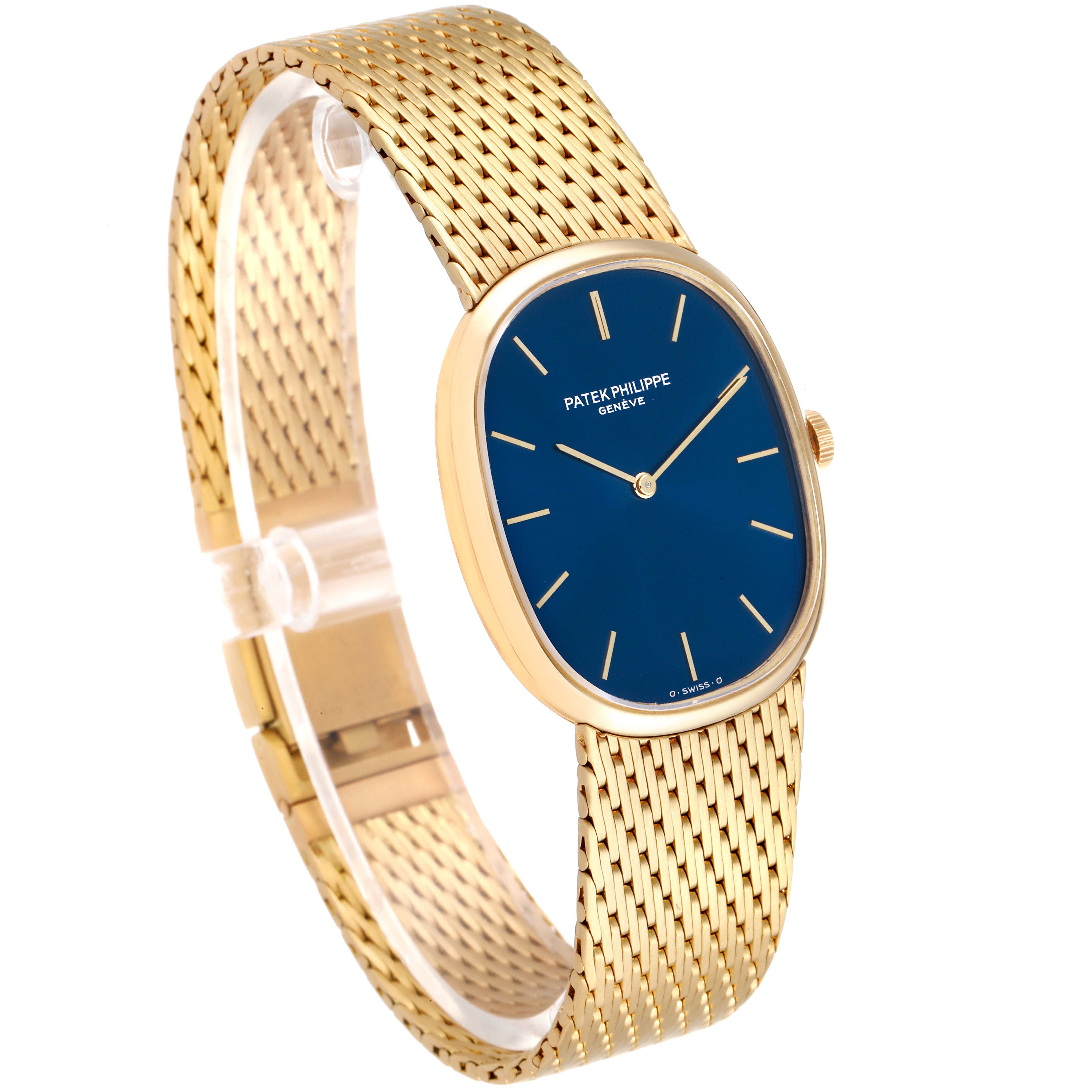 The image shows a side angle view of the Patek Philippe Golden Ellipse 3748/1 Men's Yellow Gold Blue Dial 3748/1 Men's Yellow Gold Blue Dial watch, displaying its blue dial and gold mesh bracelet.