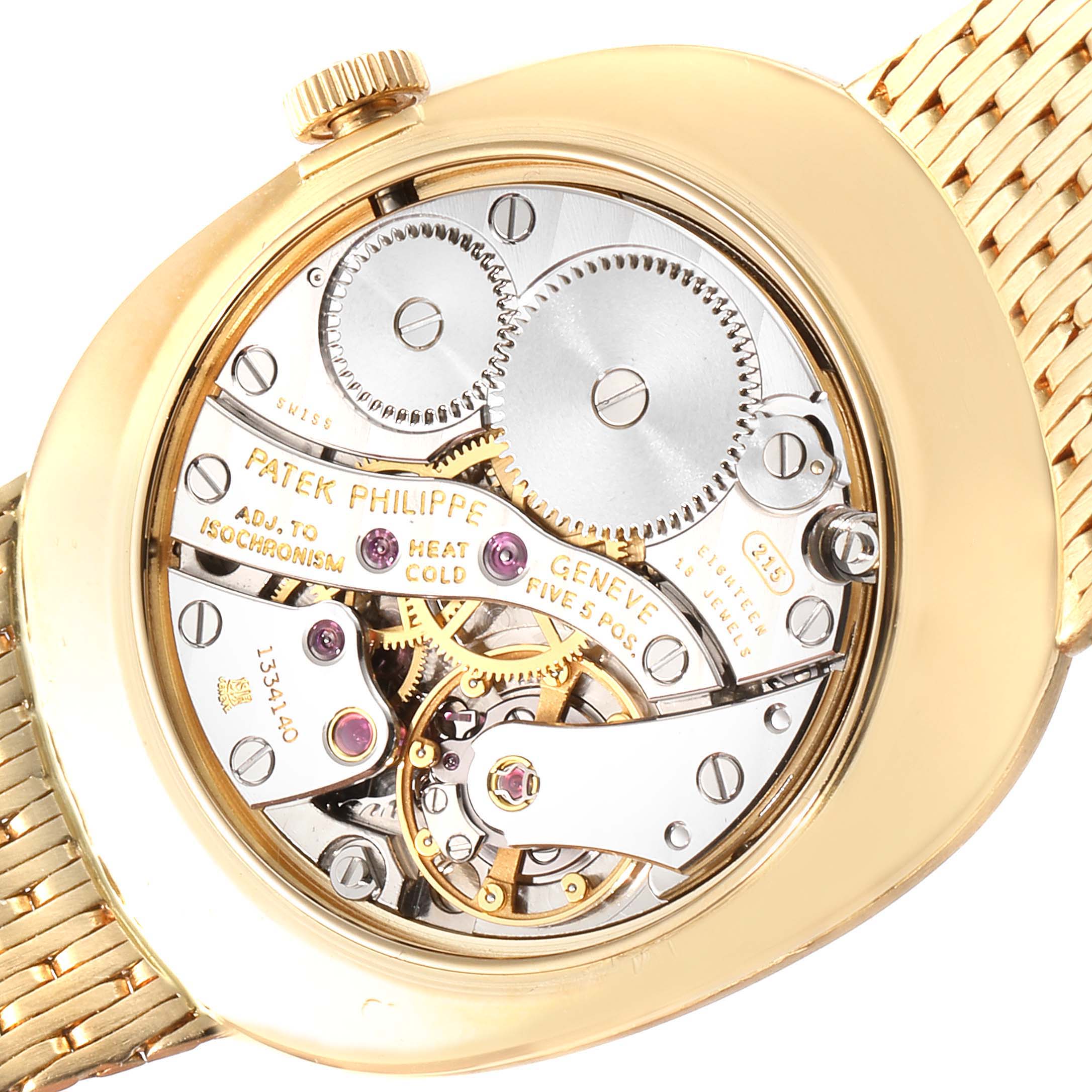 The image shows the back view of a Patek Philippe Golden Ellipse 3748/1 Men's Yellow Gold Blue Dial 3748/1 Men's Yellow Gold Blue Dial watch, displaying its intricate mechanical movement.