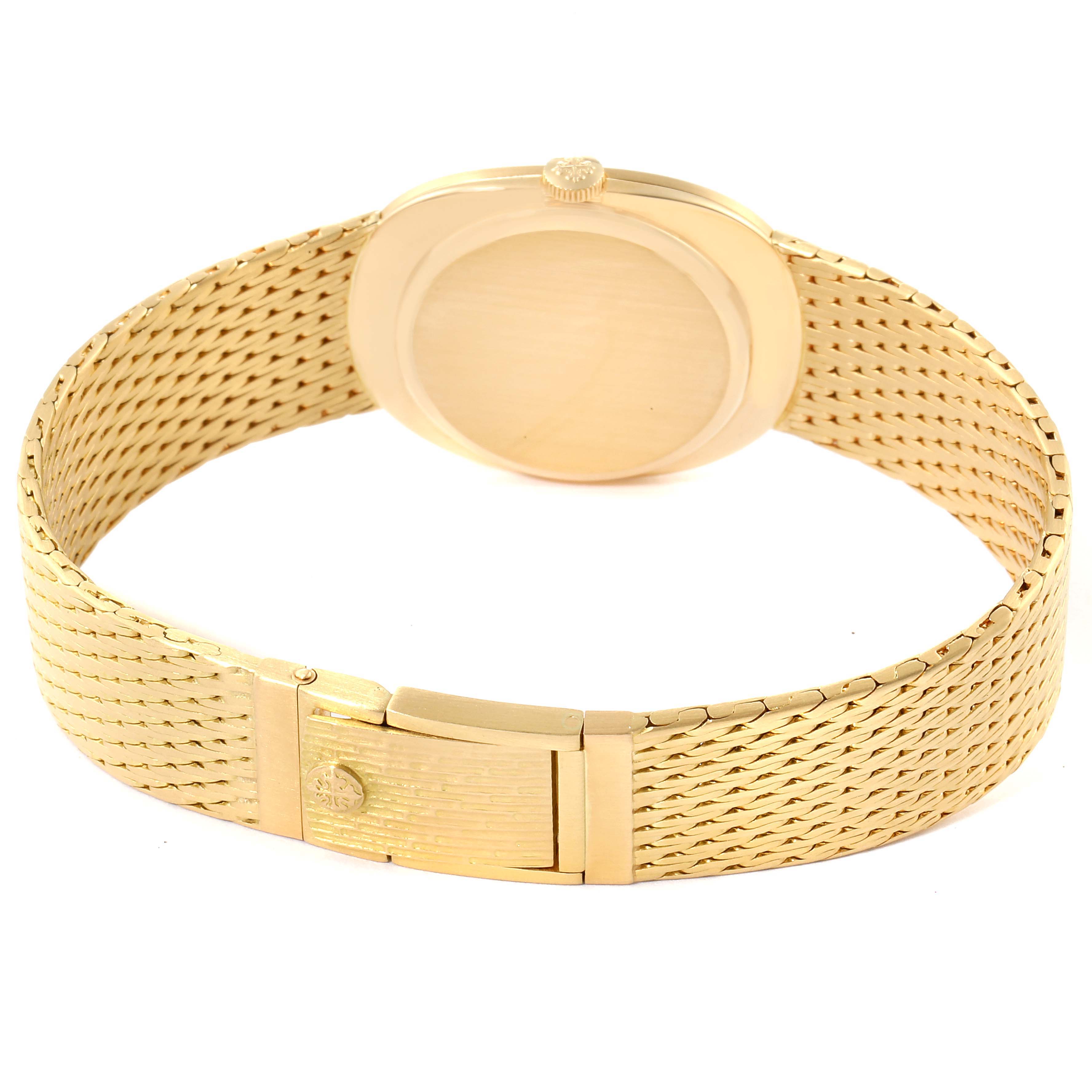 The image shows the back and bracelet of a Patek Philippe Golden Ellipse 3748/1 Men's Yellow Gold Blue Dial 3748/1 Men's Yellow Gold Blue Dial watch.