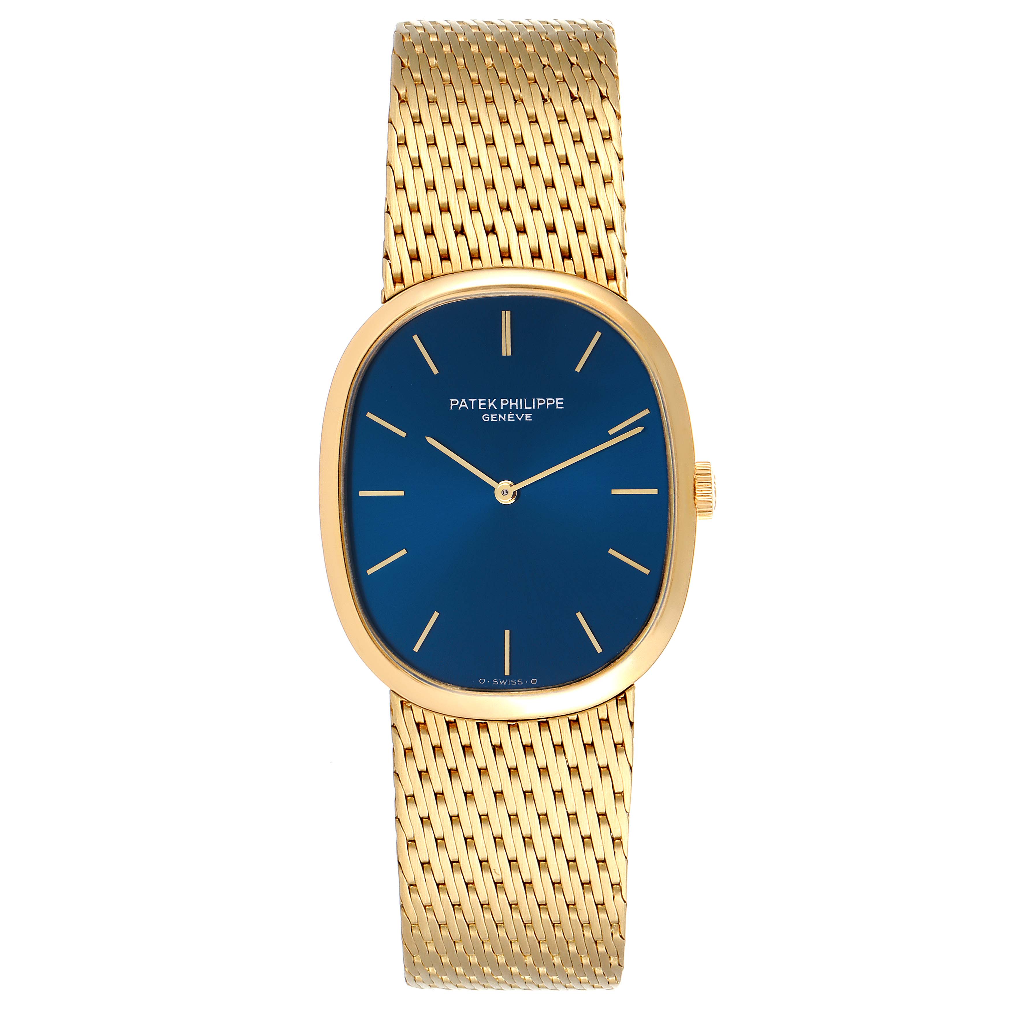 The image shows a frontal view of the Patek Philippe Golden Ellipse 3748/1 Men's Yellow Gold Blue Dial 3748/1 Men's Yellow Gold Blue Dial watch, highlighting its blue dial, gold case, and gold mesh band.