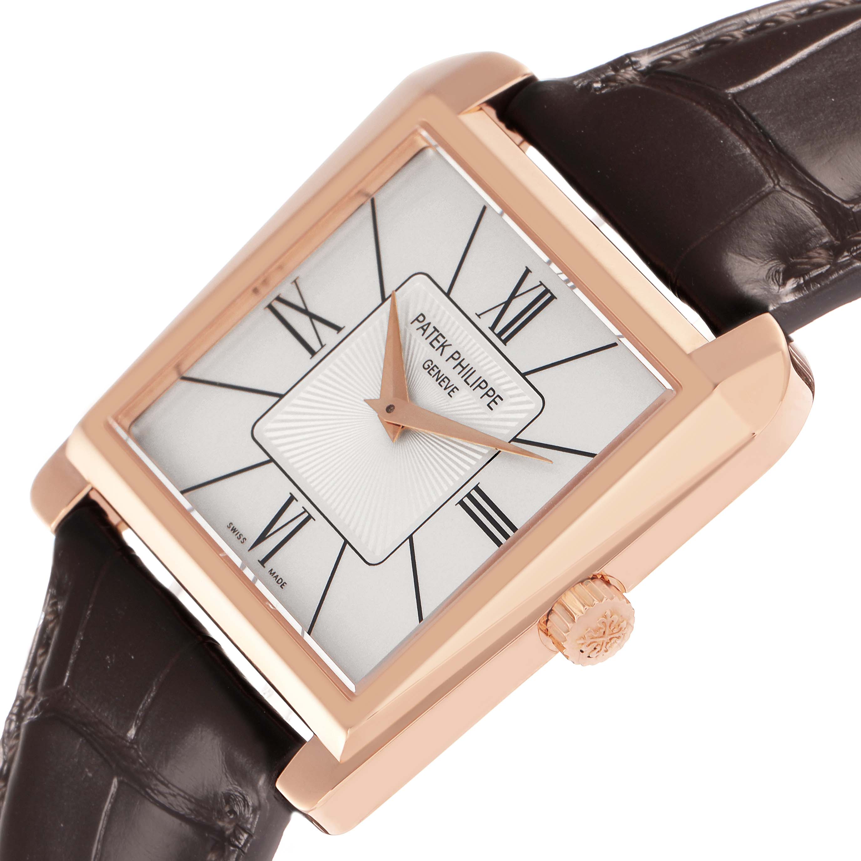 The Patek Philippe Gondolo 5489R Men
s Rose Gold Silver Dial 5489R Men
s Rose Gold Silver Dial watch is shown from a front angle, highlighting its dial, Roman numerals, and rose gold case with a leather strap.