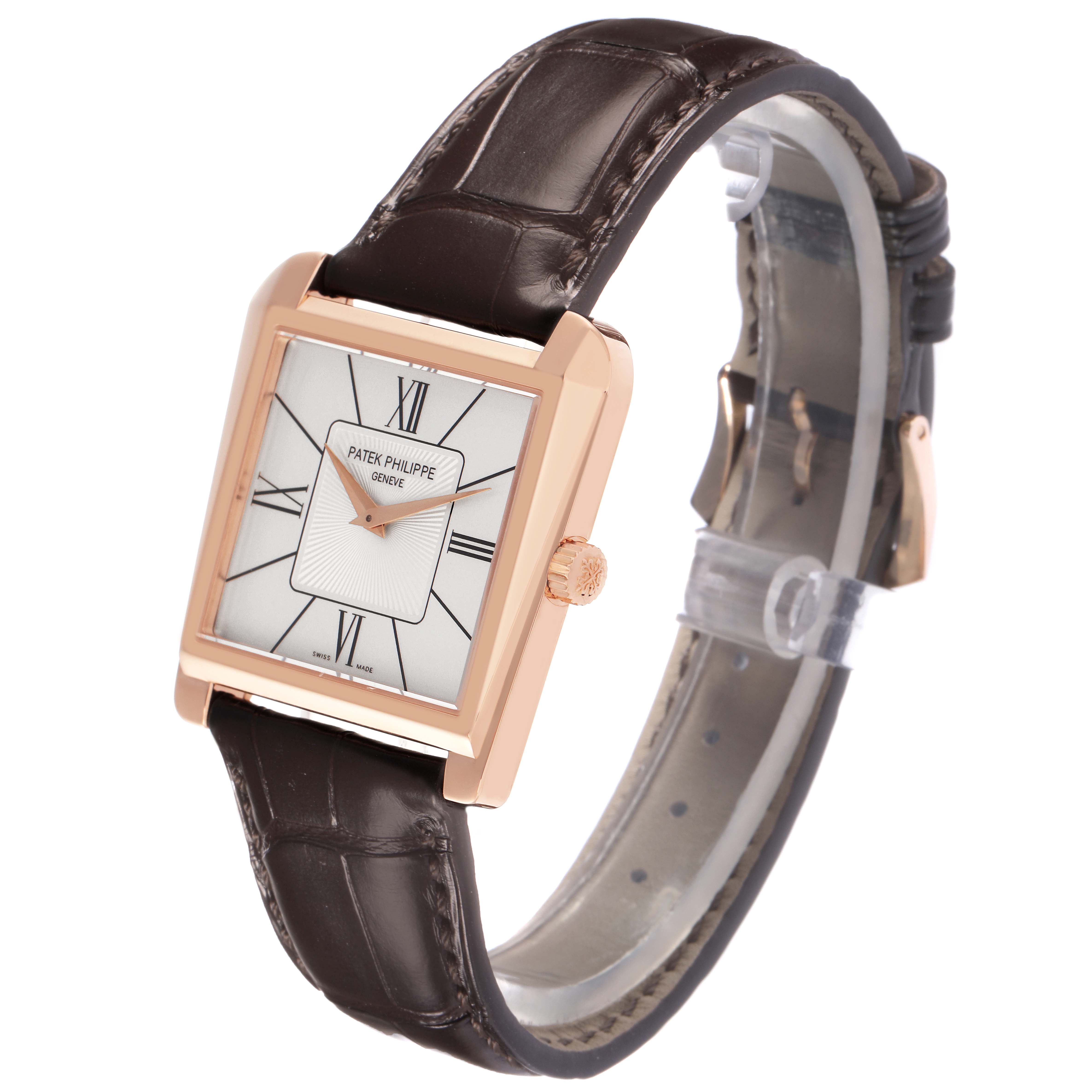 The Patek Philippe Gondolo 5489R Men
s Rose Gold Silver Dial 5489R Men
s Rose Gold Silver Dial watch is shown at a slight angle, displaying the square case, Roman numeral dial, crown, and leather strap.