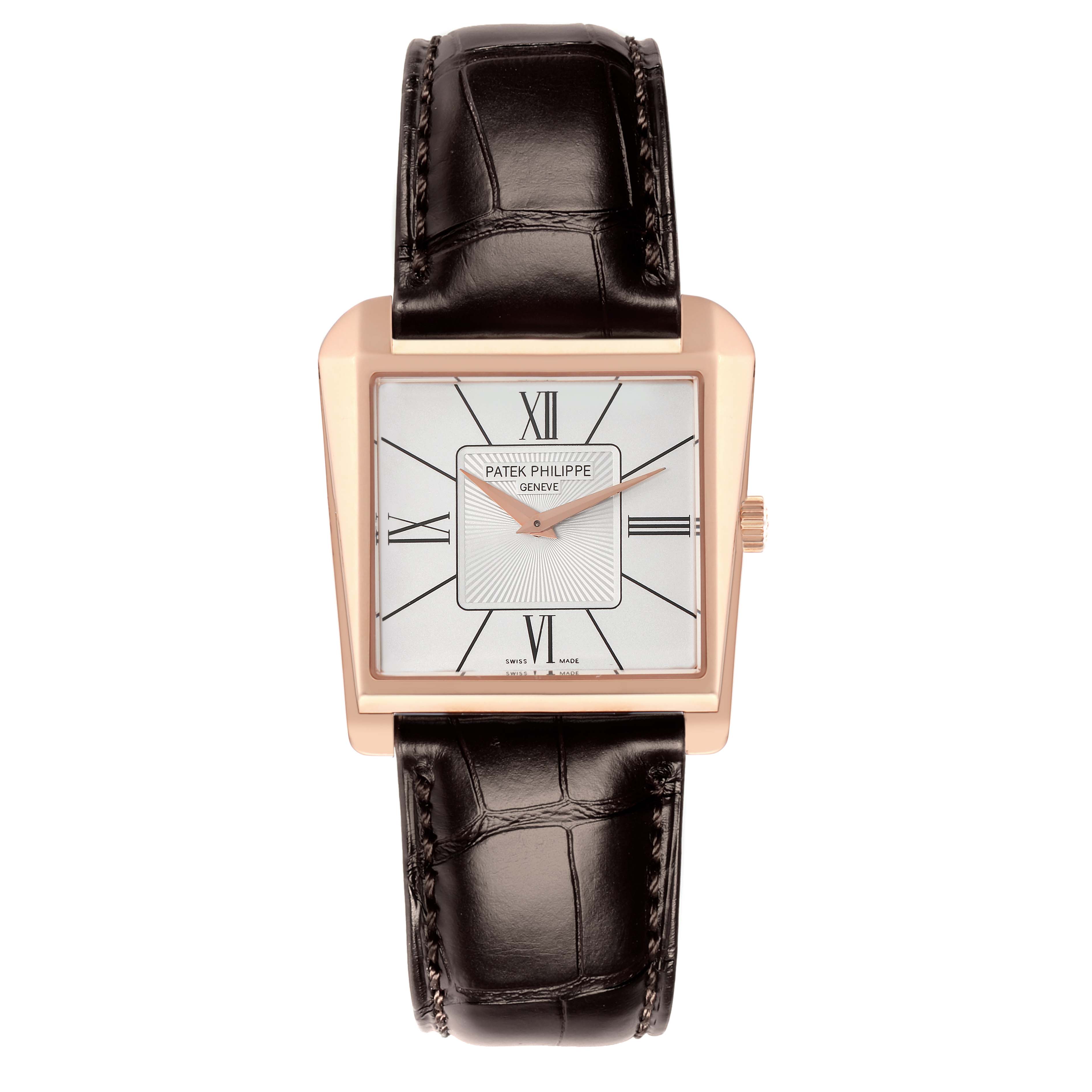 The Patek Philippe Gondolo 5489R Men
s Rose Gold Silver Dial 5489R Men
s Rose Gold Silver Dial watch is shown from a top-down angle, highlighting the square dial and leather strap.