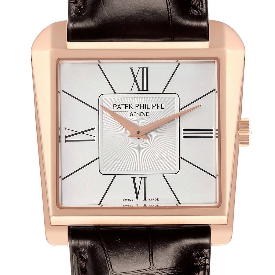 The Patek Philippe Gondolo watch is shown from the front, highlighting the square dial, Roman numerals, and leather strap.
