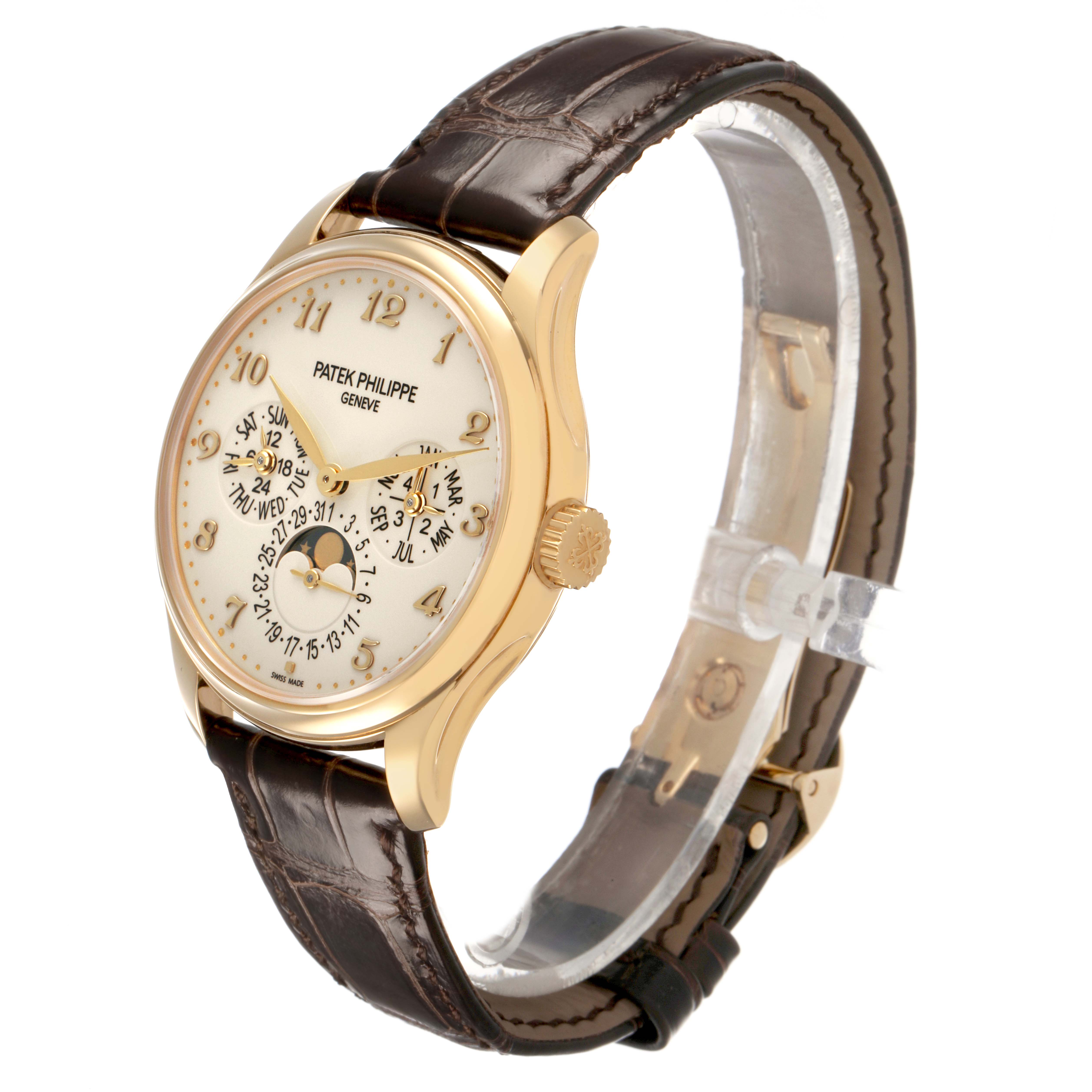 The Patek Philippe Complications 5327J-001 Men's Yellow Gold Beige Dial watch is shown at a three-quarter angle, displaying the face, crown, and leather strap.