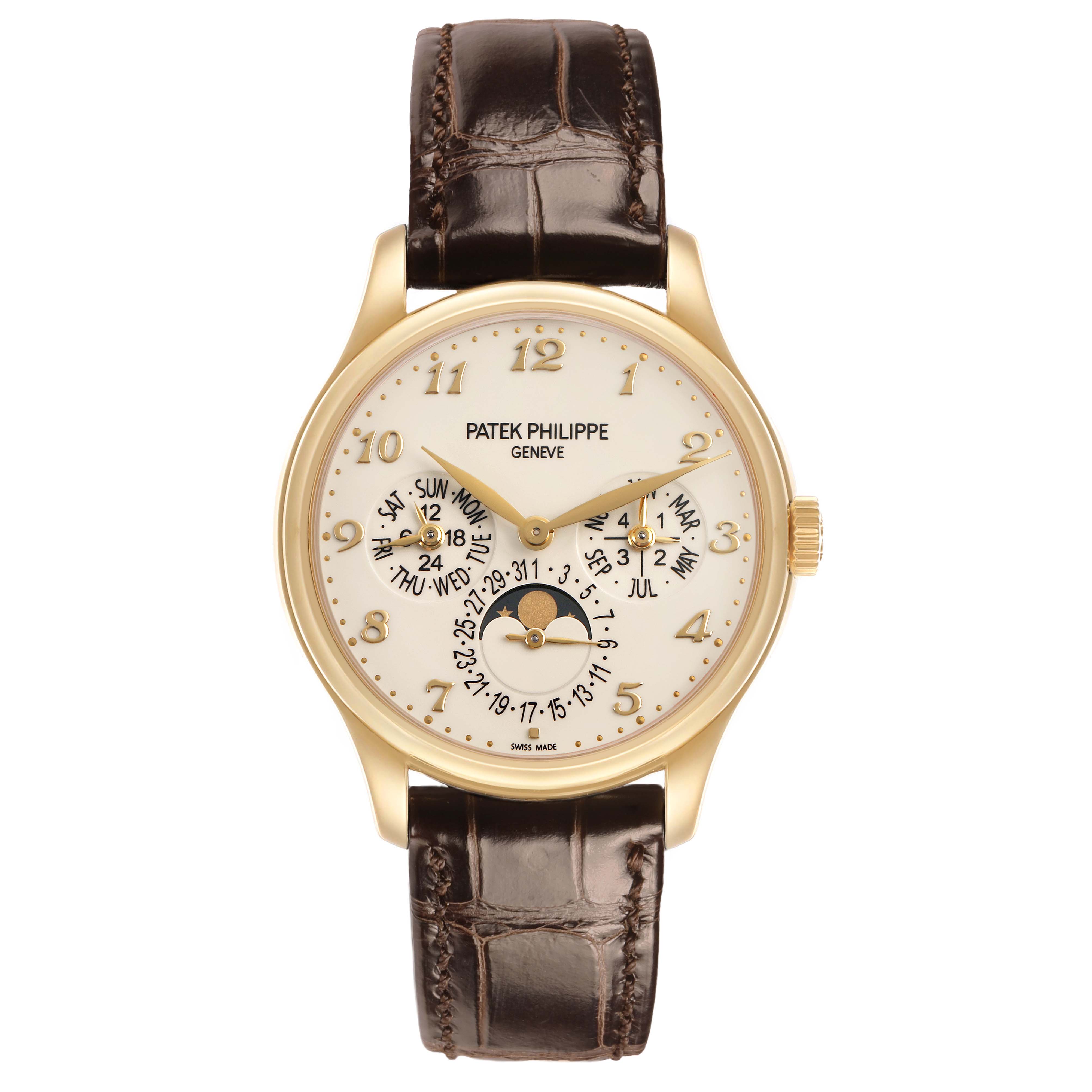 The Patek Philippe Complications 5327J-001 Men's Yellow Gold Beige Dial watch is shown from the front, displaying the dial and leather strap.