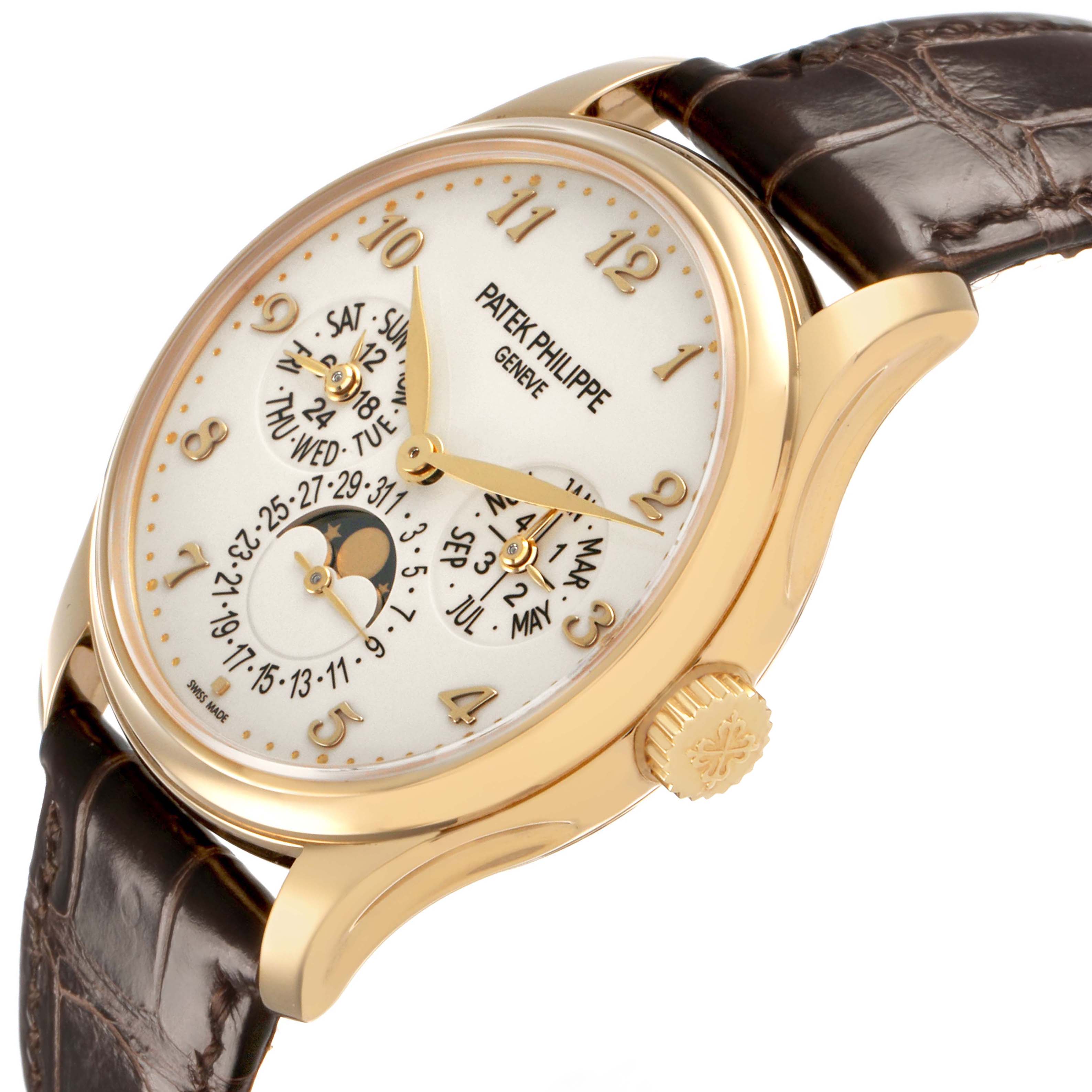 The Patek Philippe Complications 5327J-001 Men's Yellow Gold Beige Dial watch is shown at a slight angle, highlighting its face, crown, and leather strap.