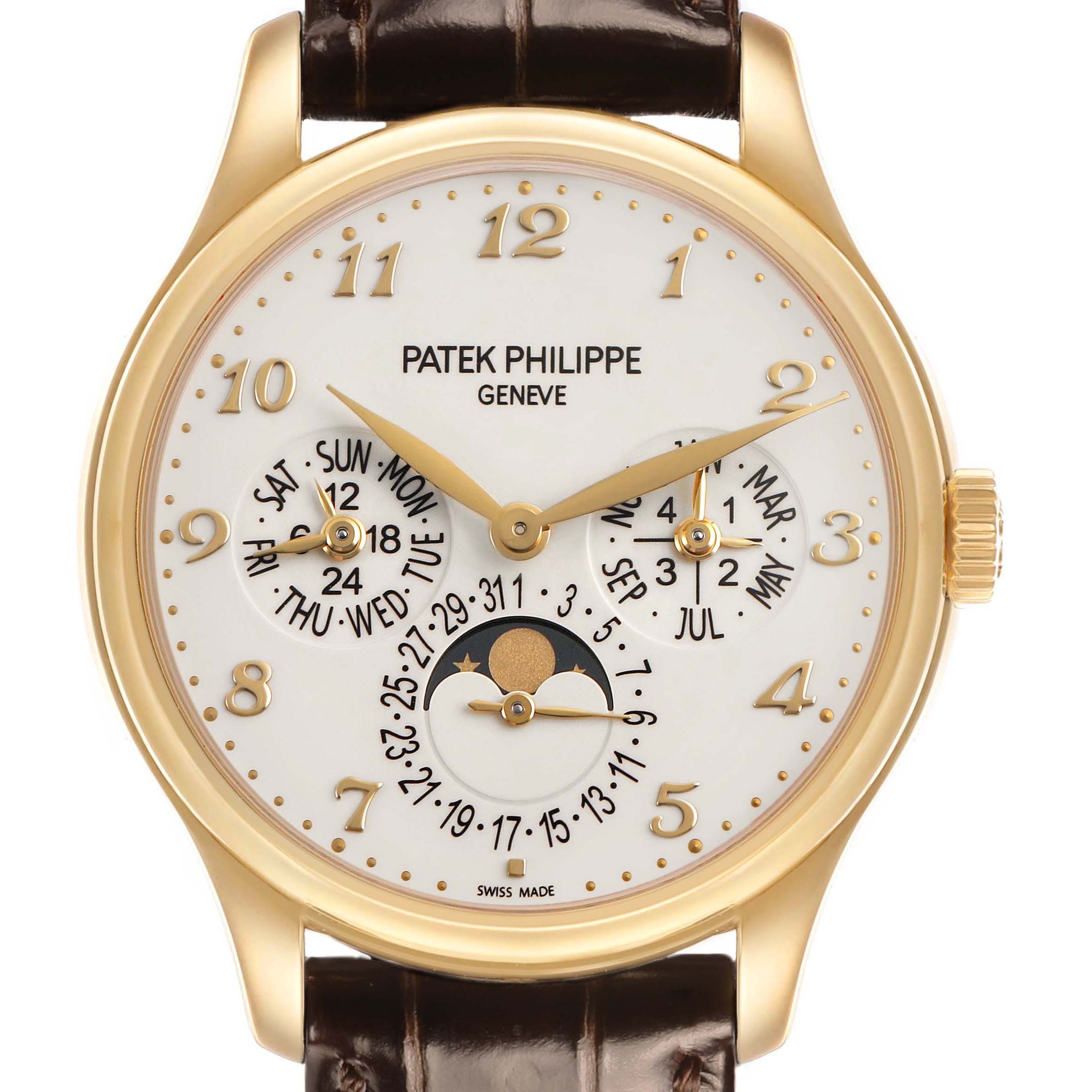 The Patek Philippe Complications 5327J-001 Men's Yellow Gold Beige Dial watch is shown from the front, with a gold case, leather strap, and intricate calendar features.