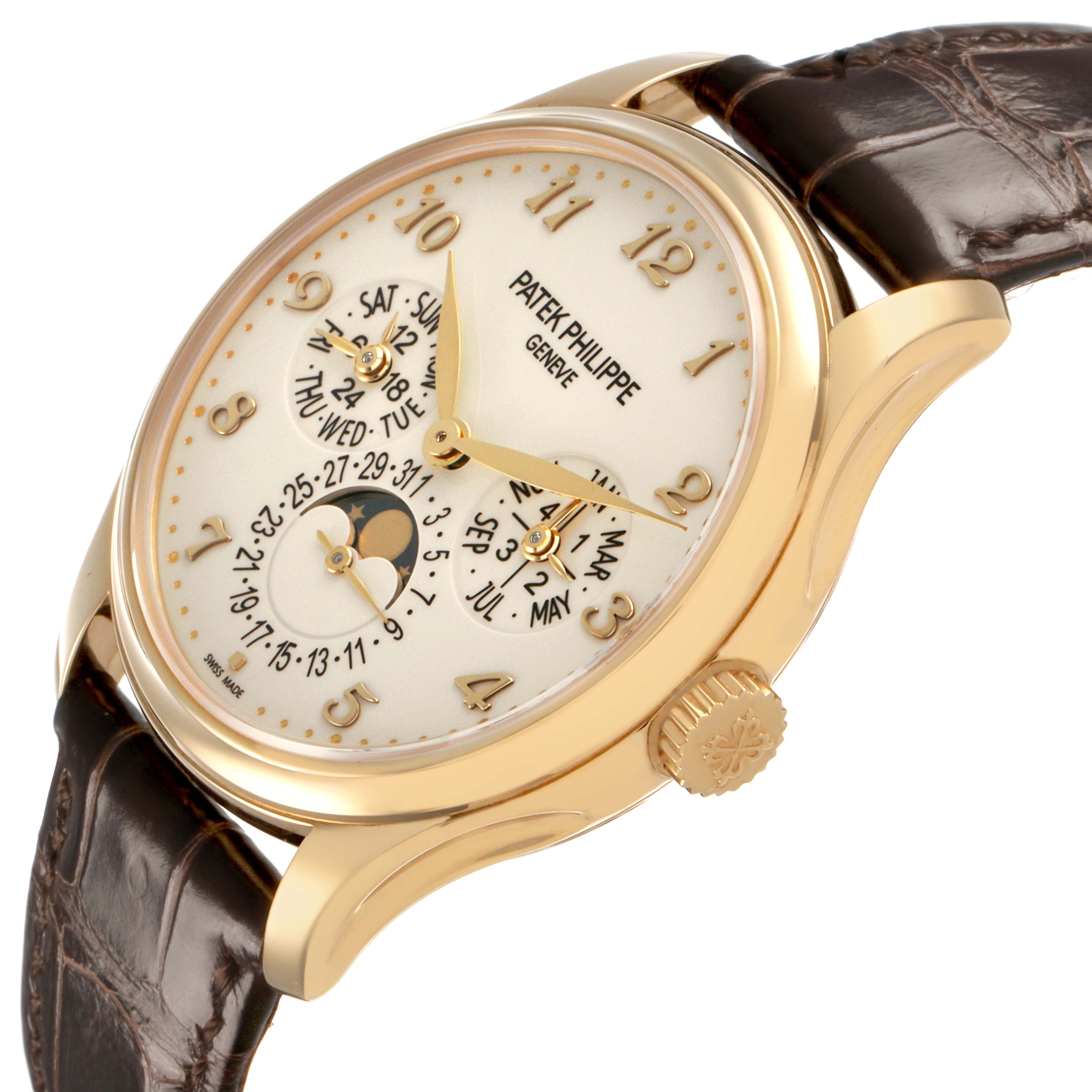 The Patek Philippe Complications 5327J-001 Men's Yellow Gold Beige Dial watch is shown at a three-quarter angle, highlighting the dial, case, crown, and leather strap.