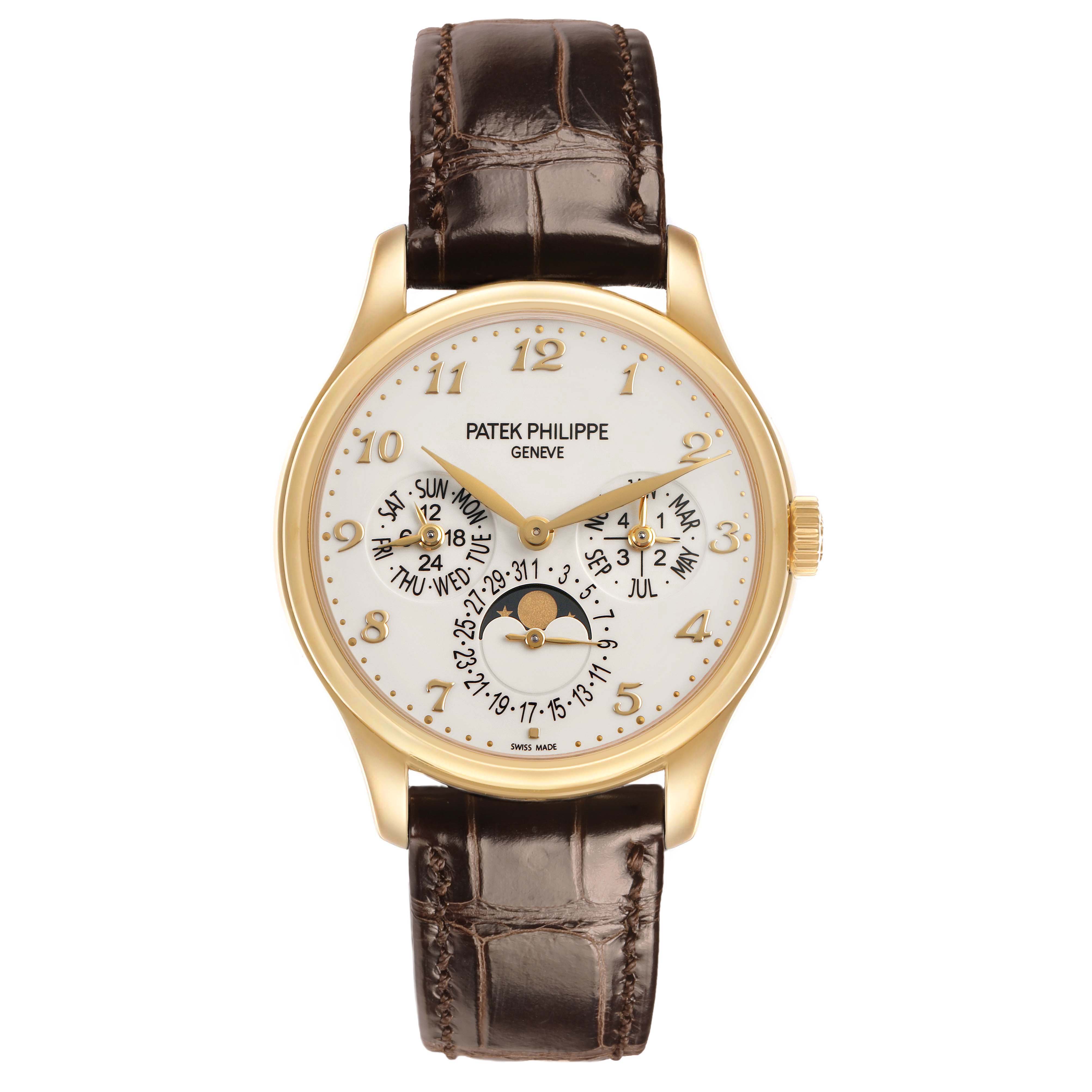 The Patek Philippe Complications 5327J-001 Men's Yellow Gold Beige Dial watch is shown from the front, displaying the dial, moon phase, calendar subdials, and leather strap.