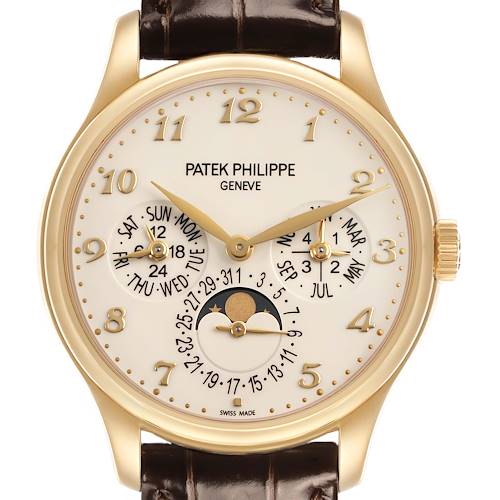 The Patek Philippe Complications 5327J-001 Men's Yellow Gold Beige Dial model is shown from the front, displaying its dial, gold case, and a brown leather strap.