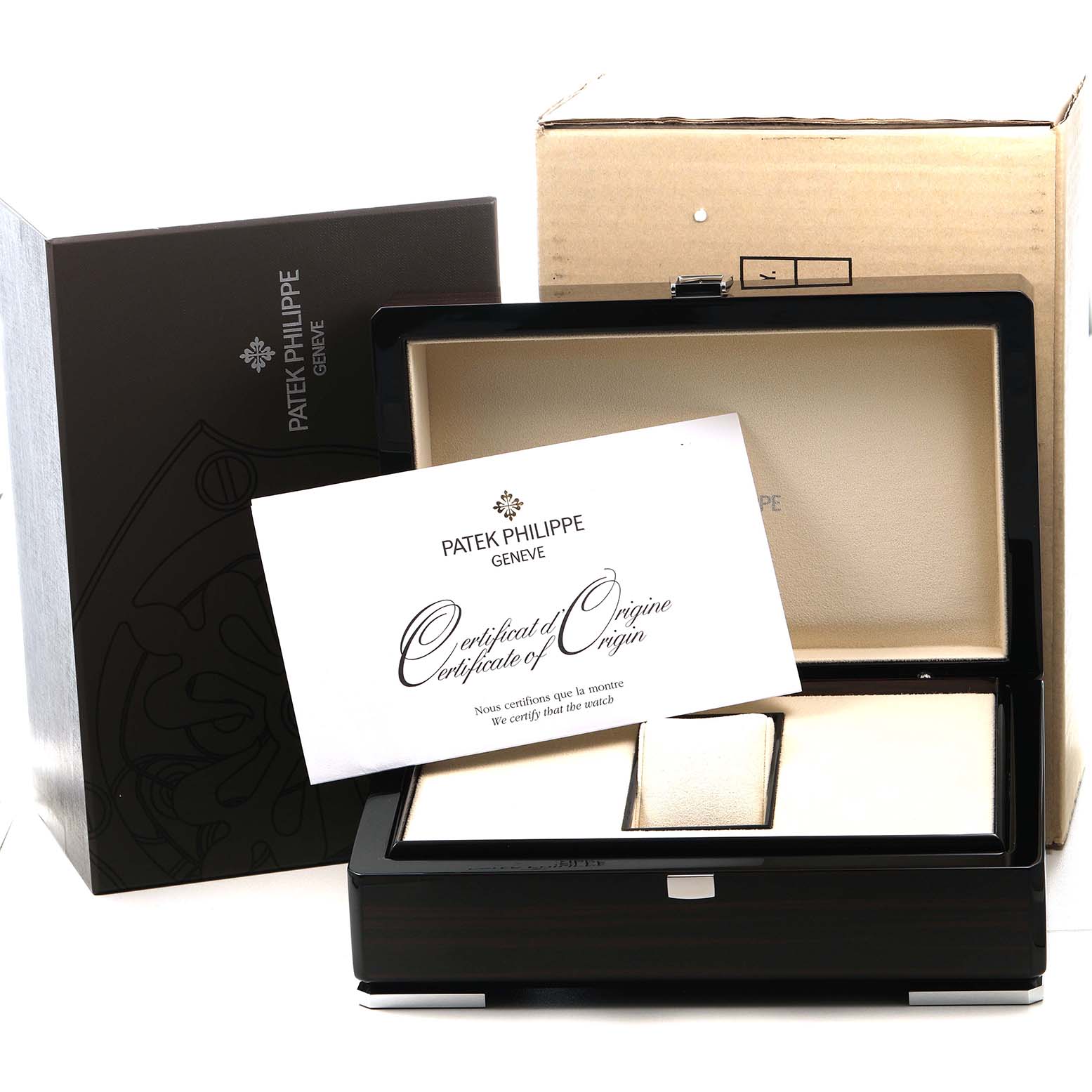 The image shows the Patek Philippe Nautilus 7008/1A-011 Women's Stainless Steel Silver Dial packaging, including a watch box and certificate, viewed from the front.