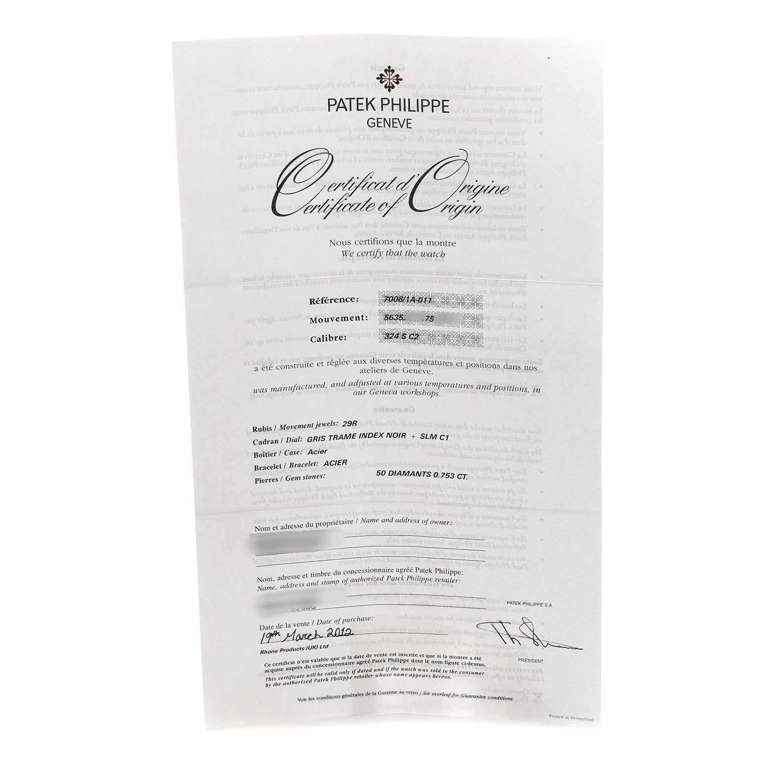The image shows a "Certificate of Origin" for a Patek Philippe Nautilus 7008/1A-011 Women's Stainless Steel Silver Dial watch, viewed front-facing.