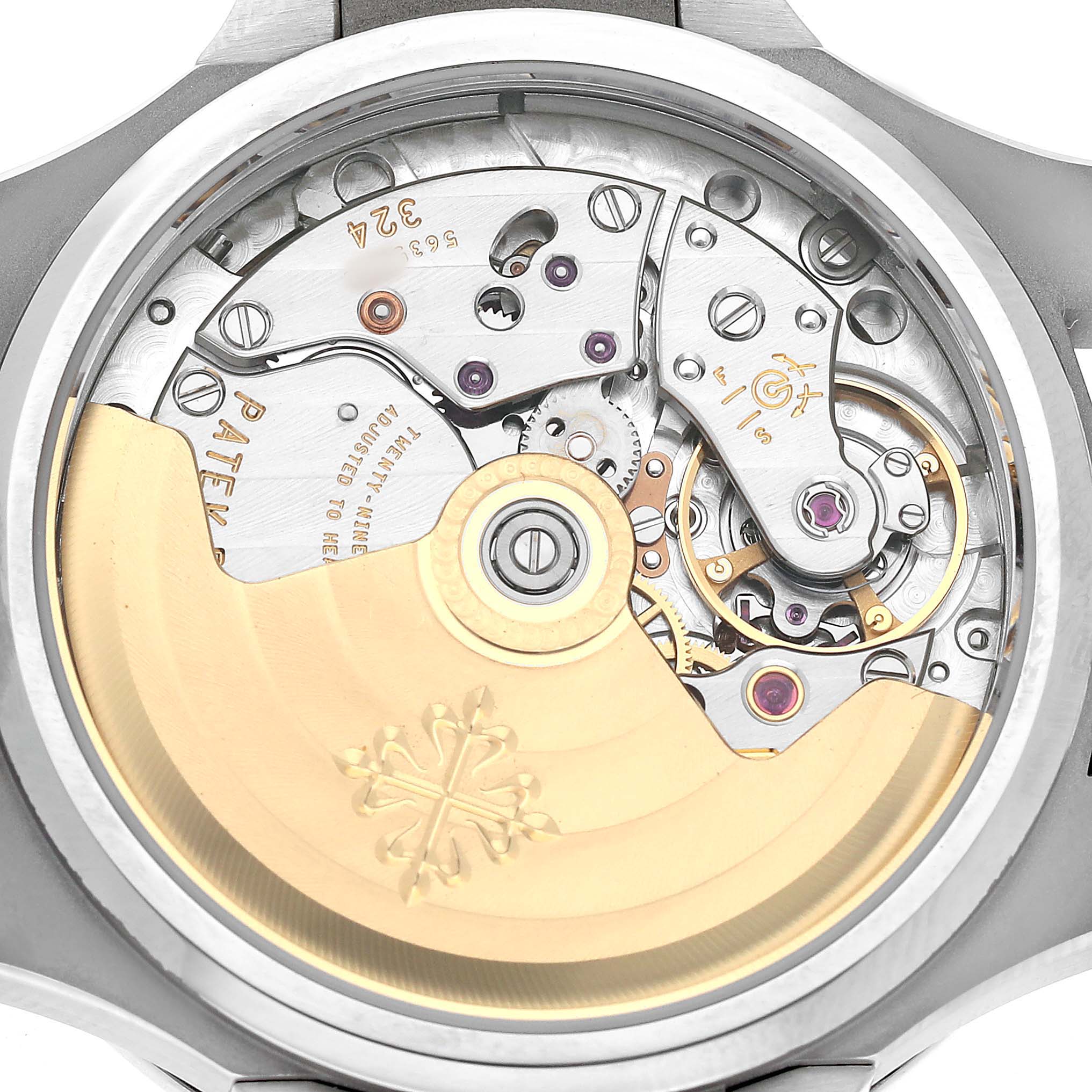 The image shows the back view of a Patek Philippe Nautilus 7008/1A-011 Women's Stainless Steel Silver Dial watch, highlighting its intricate movement and rotor.