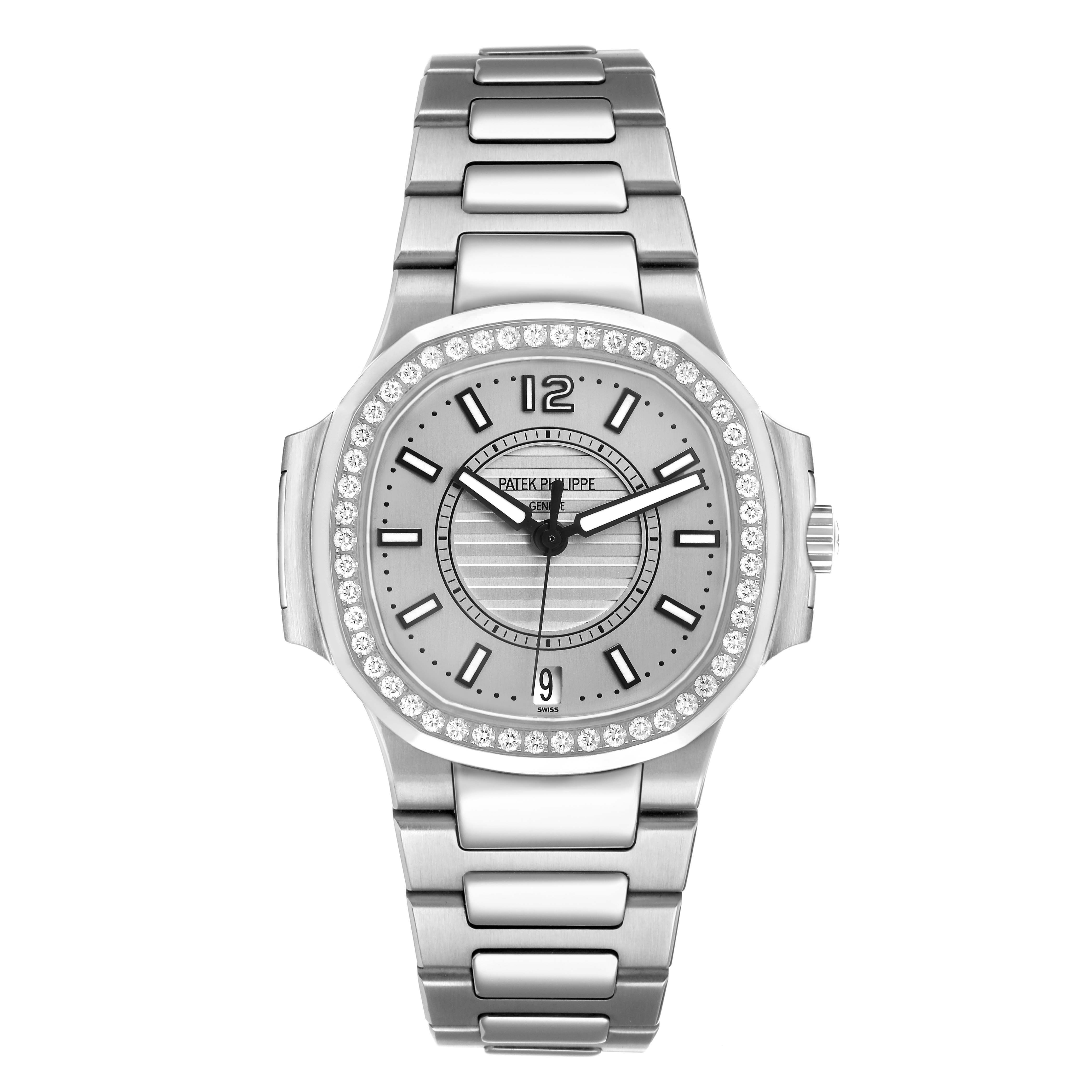 The Patek Philippe Nautilus 7008/1A-011 Women's Stainless Steel Silver Dial watch is shown from the front, highlighting its face, bezel, and bracelet.