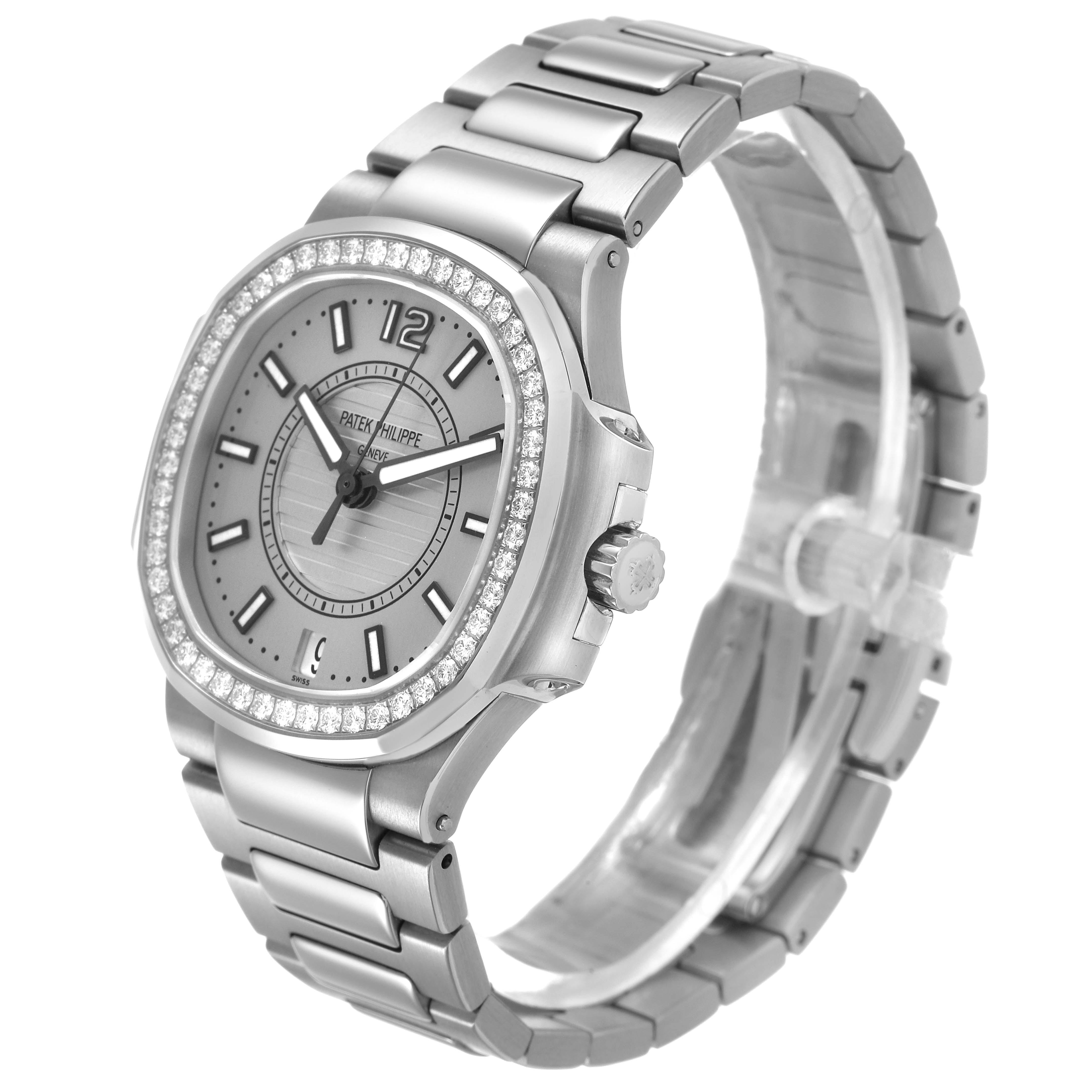 The Patek Philippe Nautilus 7008/1A-011 Women's Stainless Steel Silver Dial watch is shown at a three-quarter angle, highlighting the face, bezel, and bracelet.