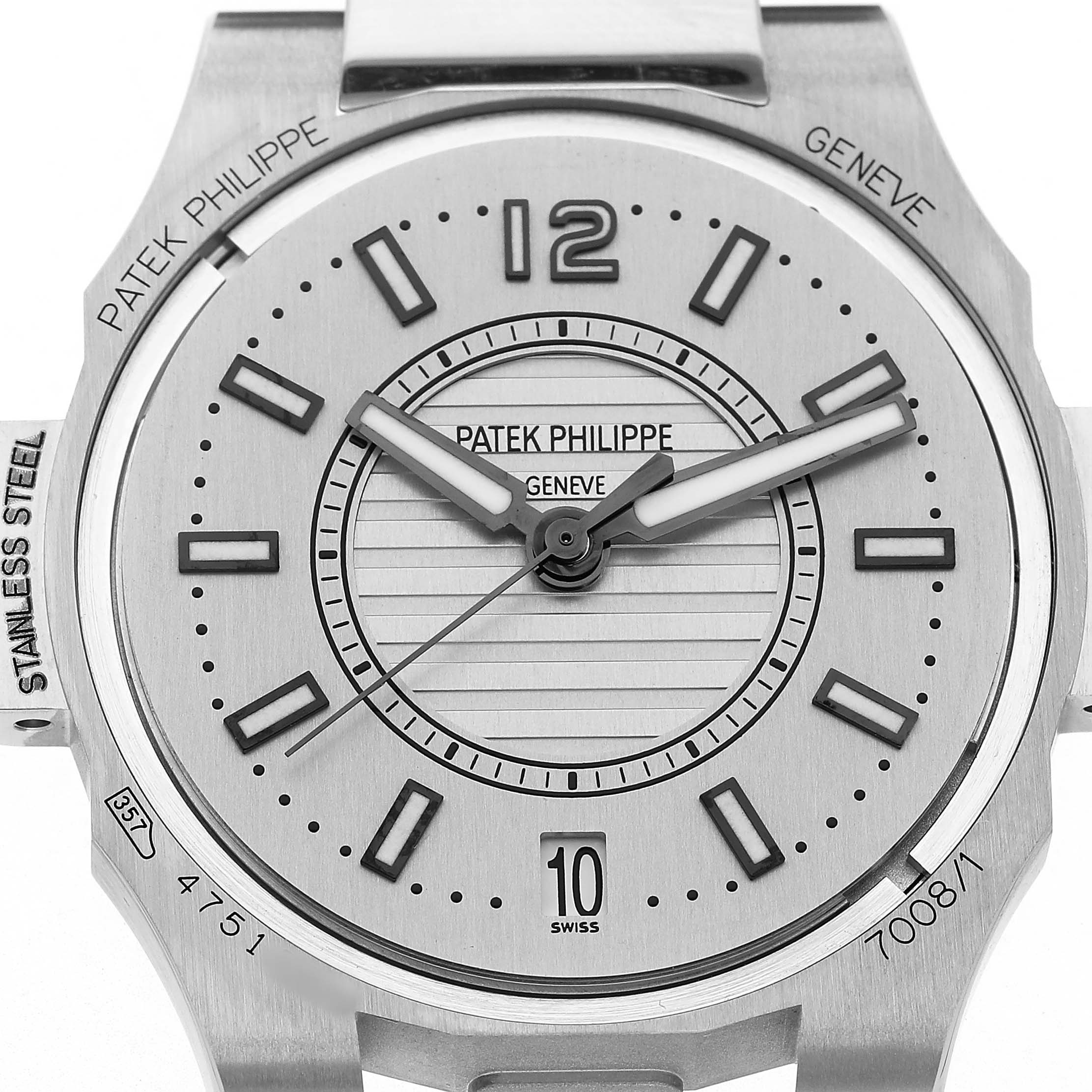 The image shows a front view of the Patek Philippe Nautilus 7008/1A-011 Women's Stainless Steel Silver Dial watch, highlighting the dial, hour markers, and hands.