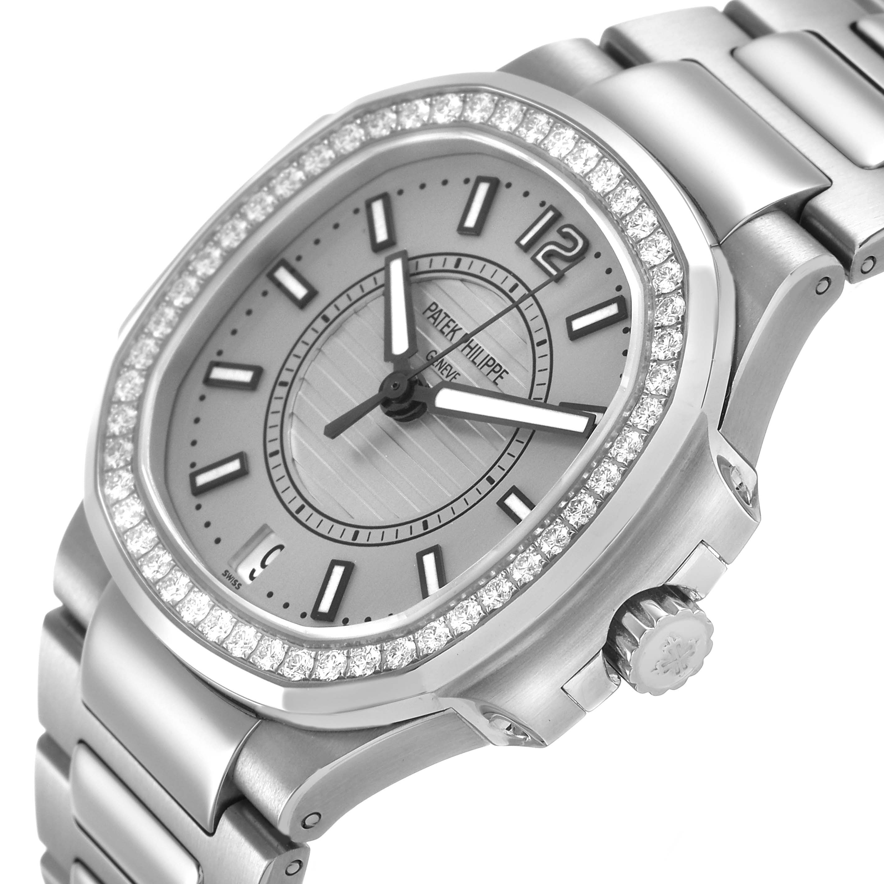 The image shows a side angle of the Patek Philippe Nautilus 7008/1A-011 Women's Stainless Steel Silver Dial watch, highlighting the bezel, dial, and bracelet.
