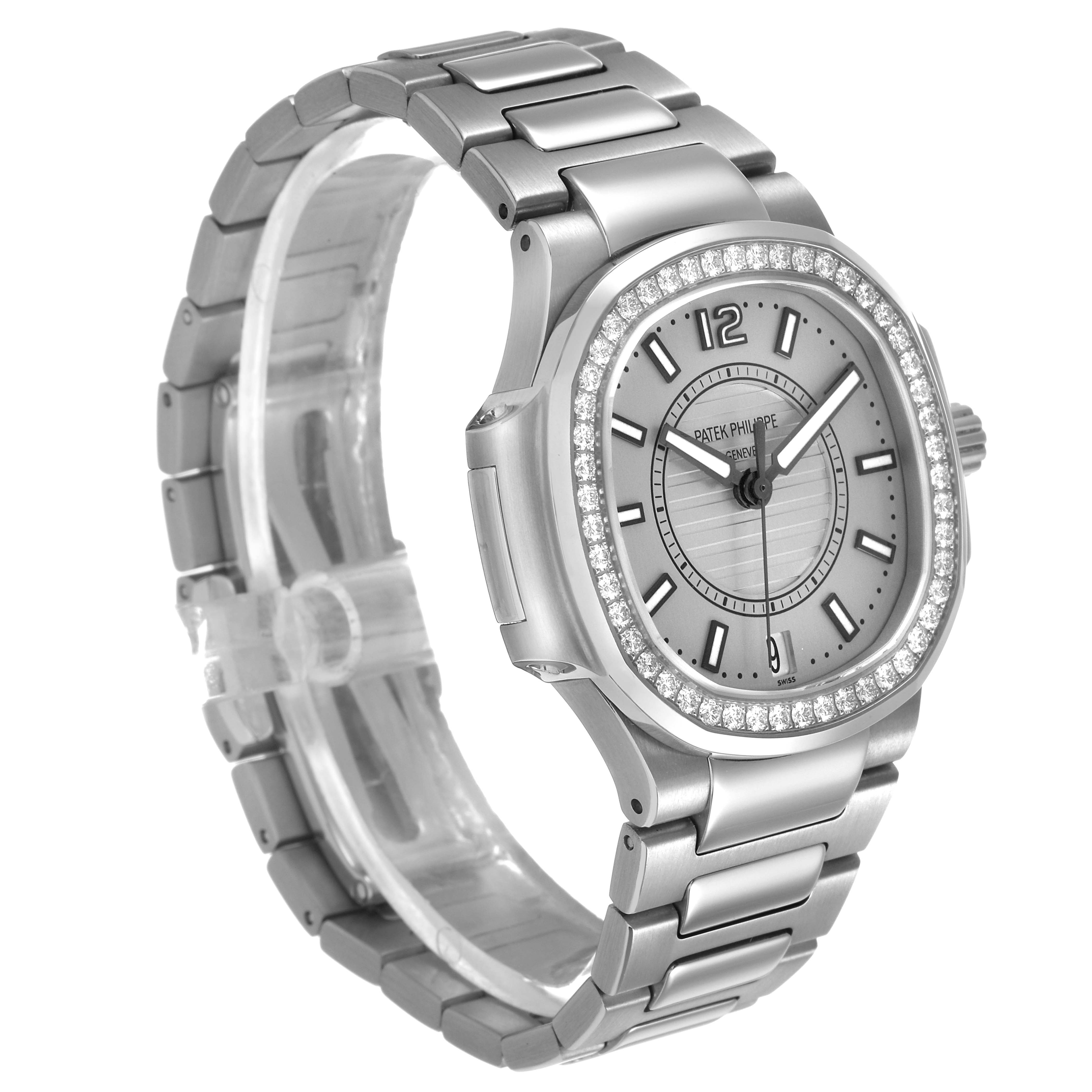 The image shows a Patek Philippe Nautilus 7008/1A-011 Women's Stainless Steel Silver Dial watch at a three-quarter angle, highlighting the face, bezel, and metal bracelet.
