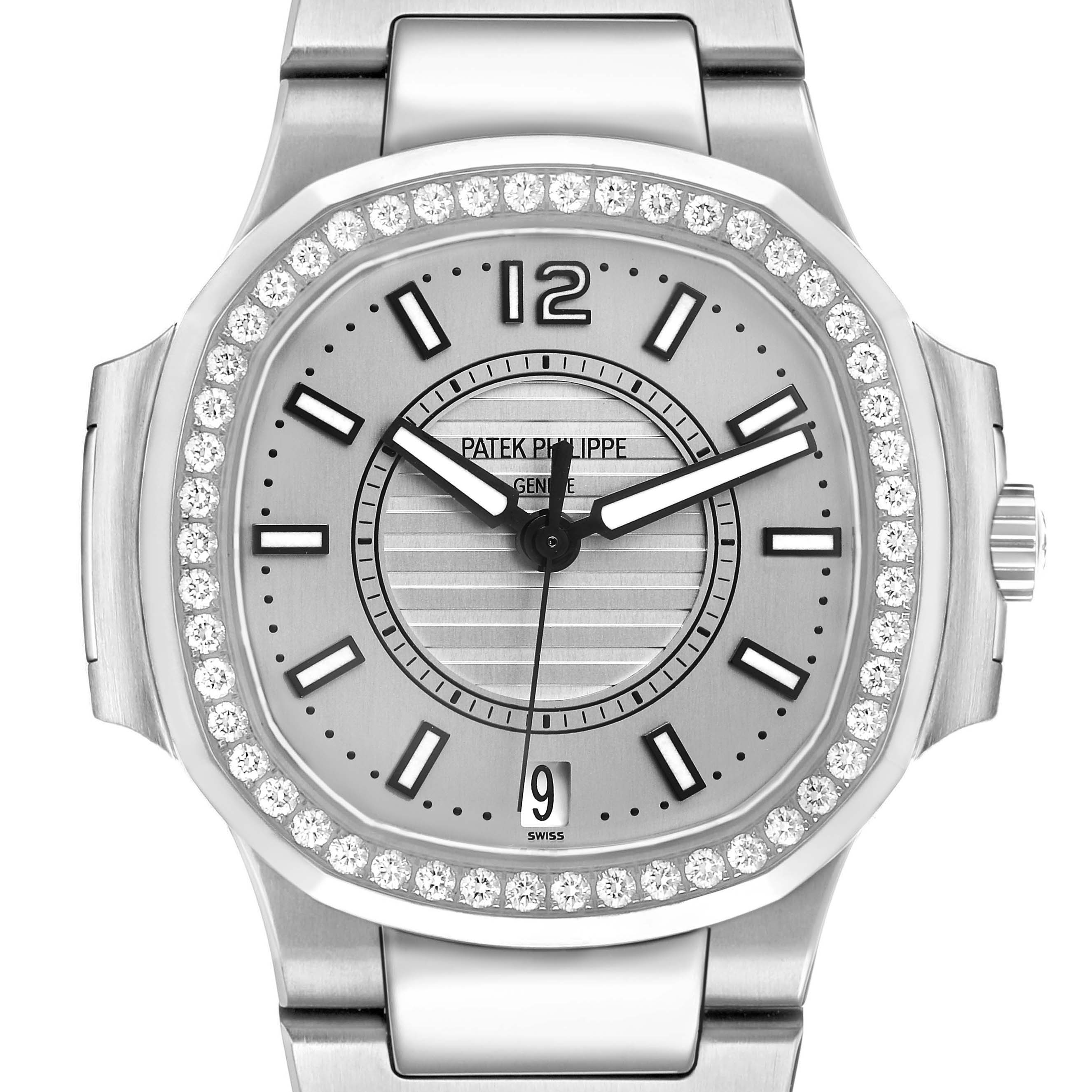 The image shows a front view of a Patek Philippe Nautilus 7008/1A-011 Women's Stainless Steel Silver Dial watch, highlighting the dial, bezel, and part of the bracelet.
