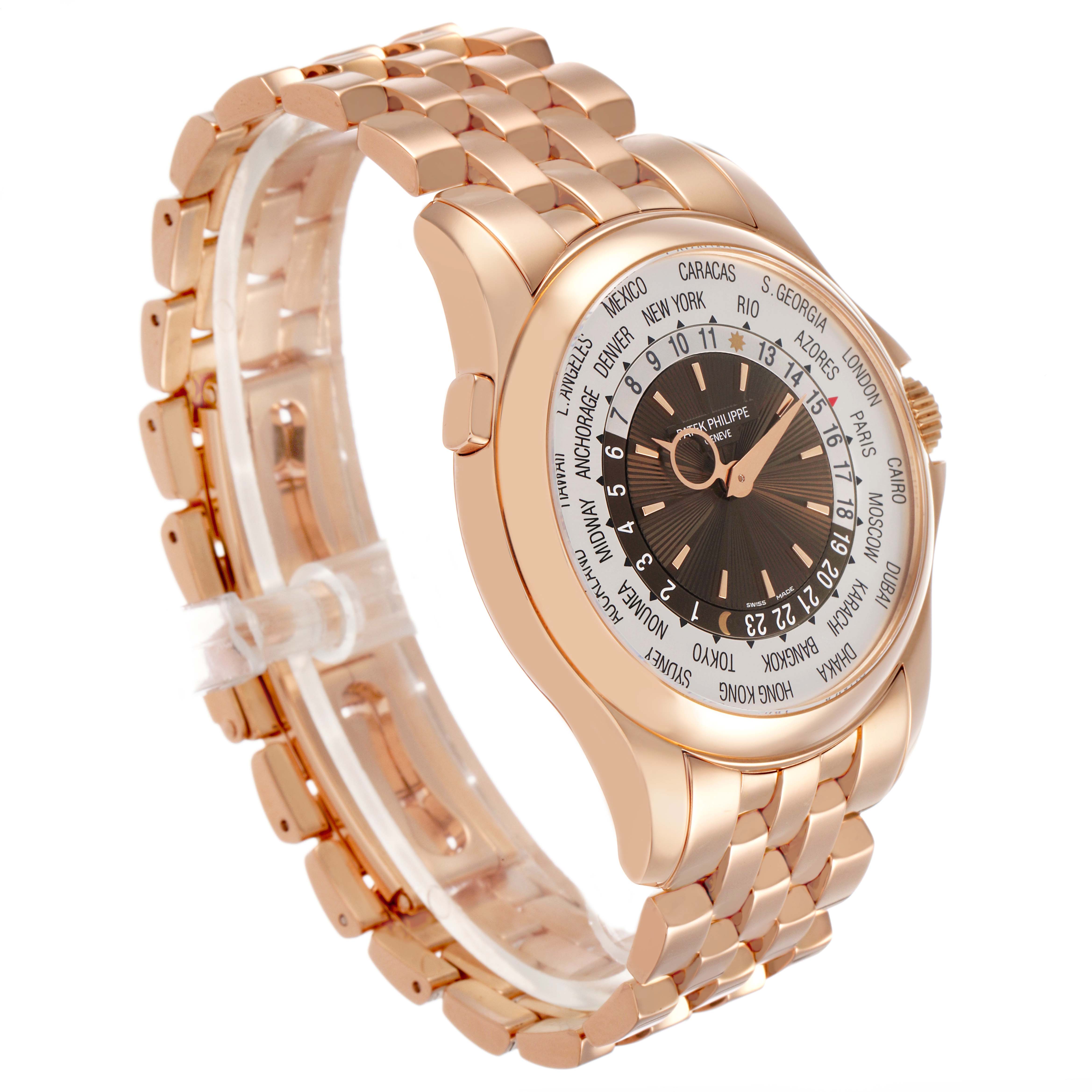 The Patek Philippe Complications 5130/1R-011 Men's Rose Gold Brown Dial watch is shown from a three-quarter angle, highlighting the face, bezel, and bracelet.