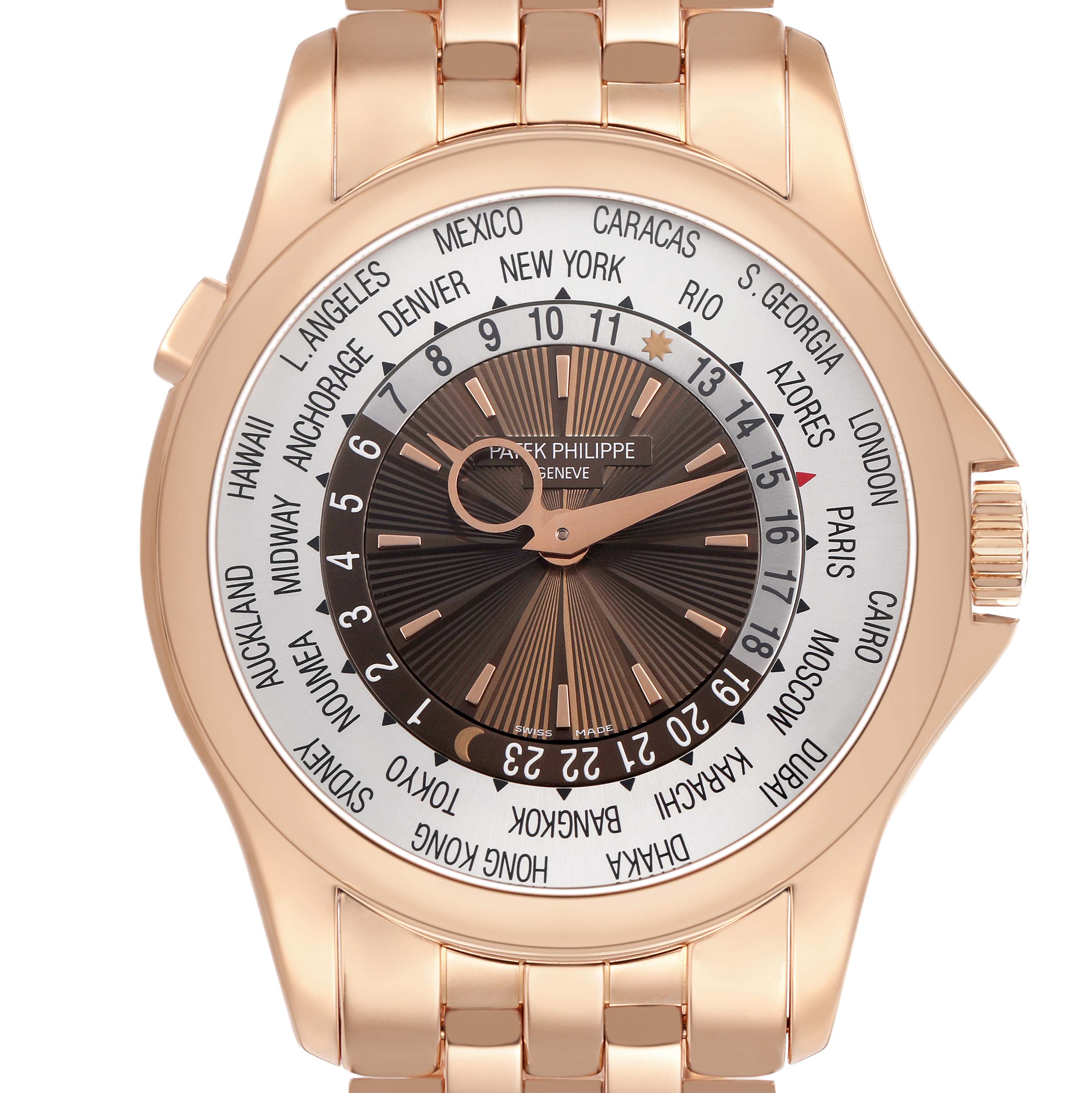 The image shows a frontal view of the Patek Philippe Complications 5130/1R-011 Men's Rose Gold Brown Dial watch, displaying the world time dial and rose gold bracelet.