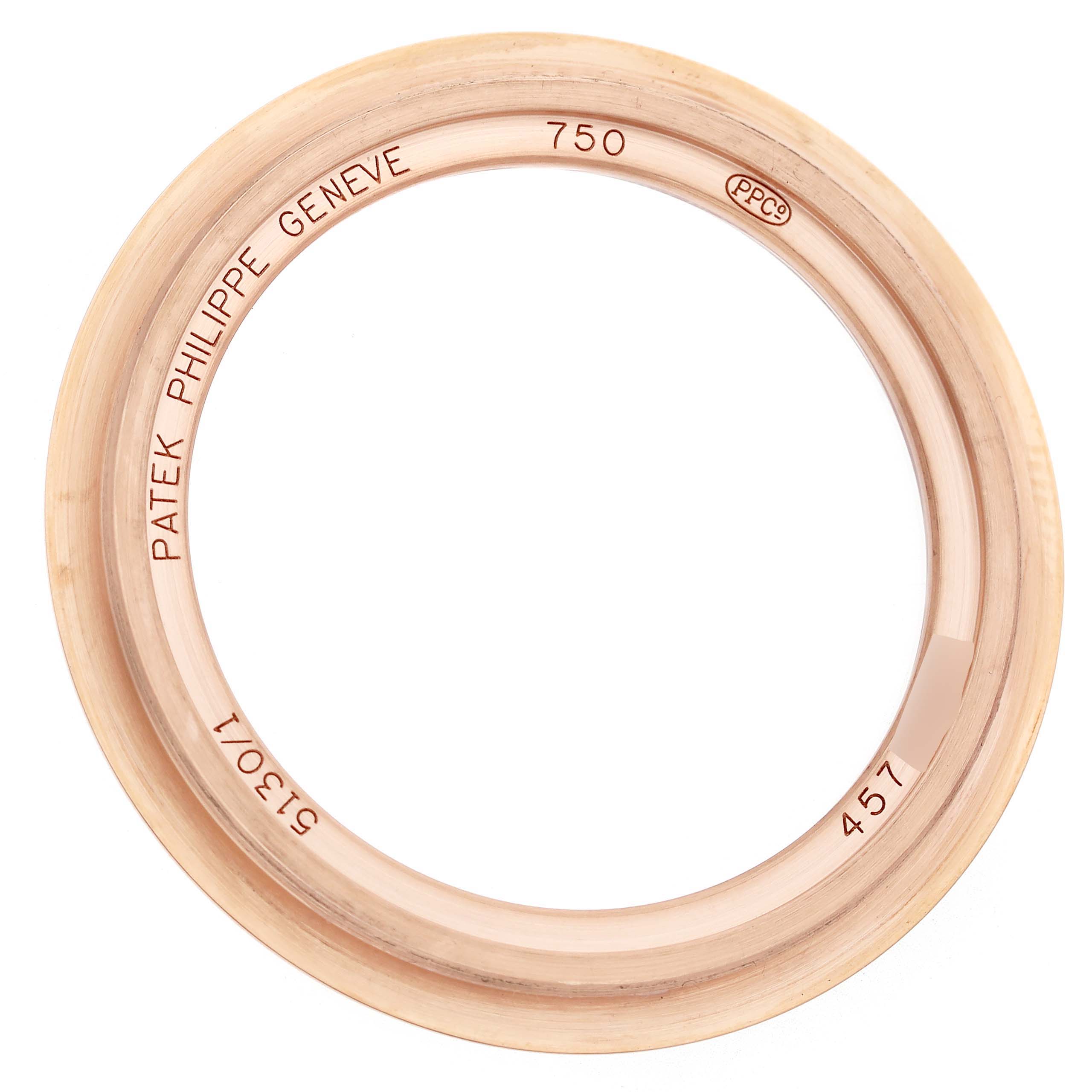 The image shows a rose gold bezel for a Patek Philippe Complications 5130/1R-011 Men's Rose Gold Brown Dial watch viewed from the side.
