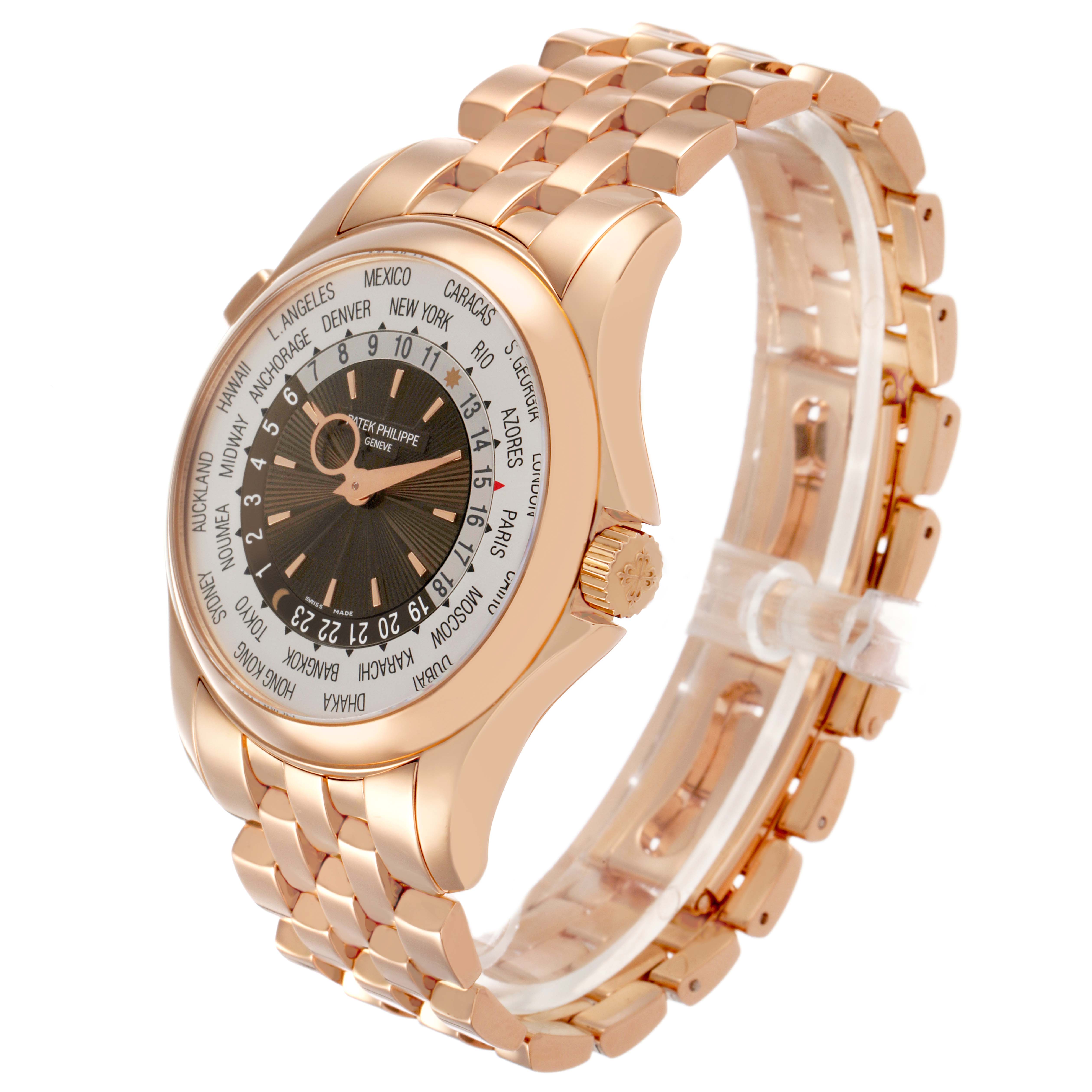 The Patek Philippe Complications 5130/1R-011 Men's Rose Gold Brown Dial watch is shown at a three-quarter angle, highlighting the face, bezel, crown, and bracelet.