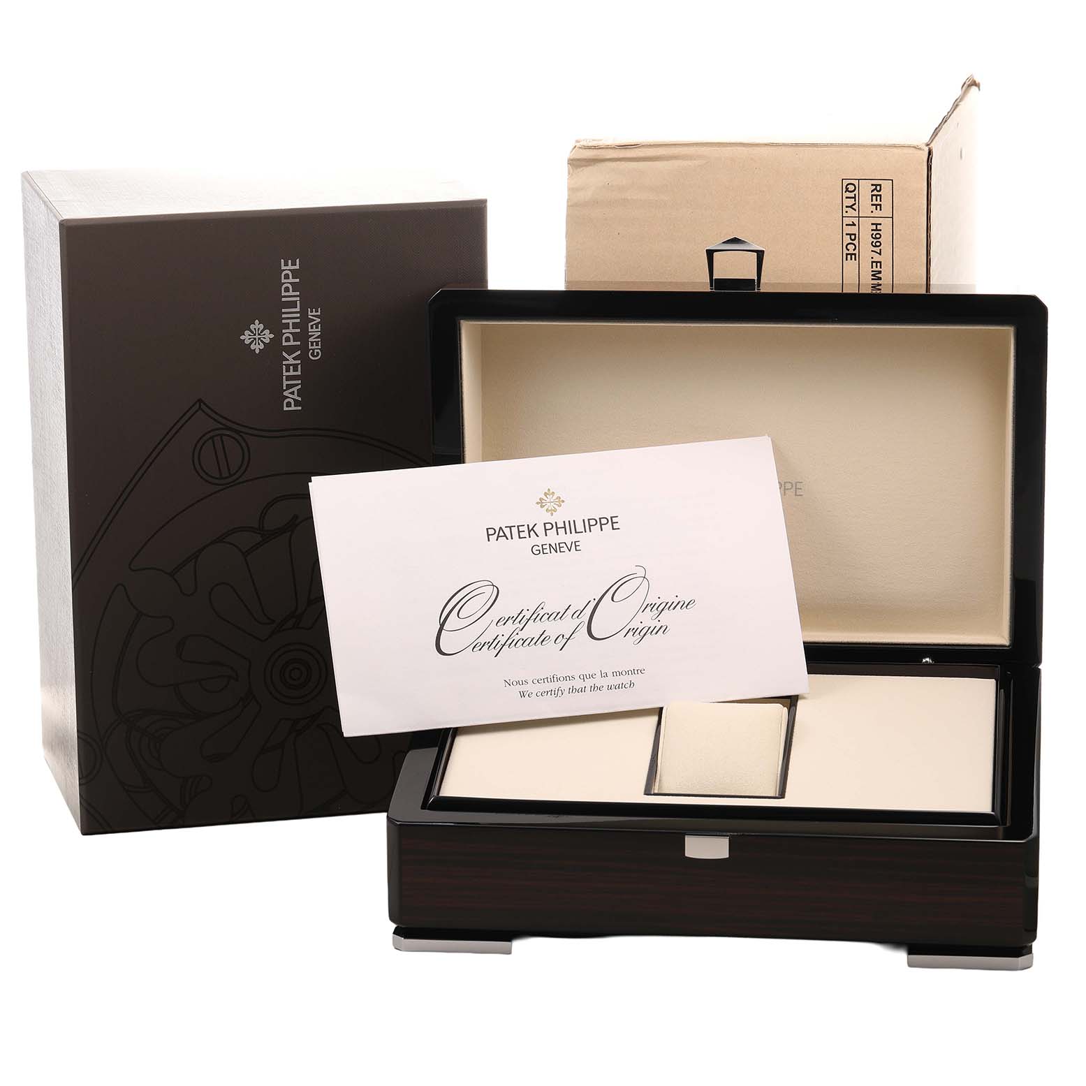 The image shows the Patek Philippe Complications 5130/1R-011 Men's Rose Gold Brown Dial model packaging at an angle, including the box, and a Certificate of Origin.