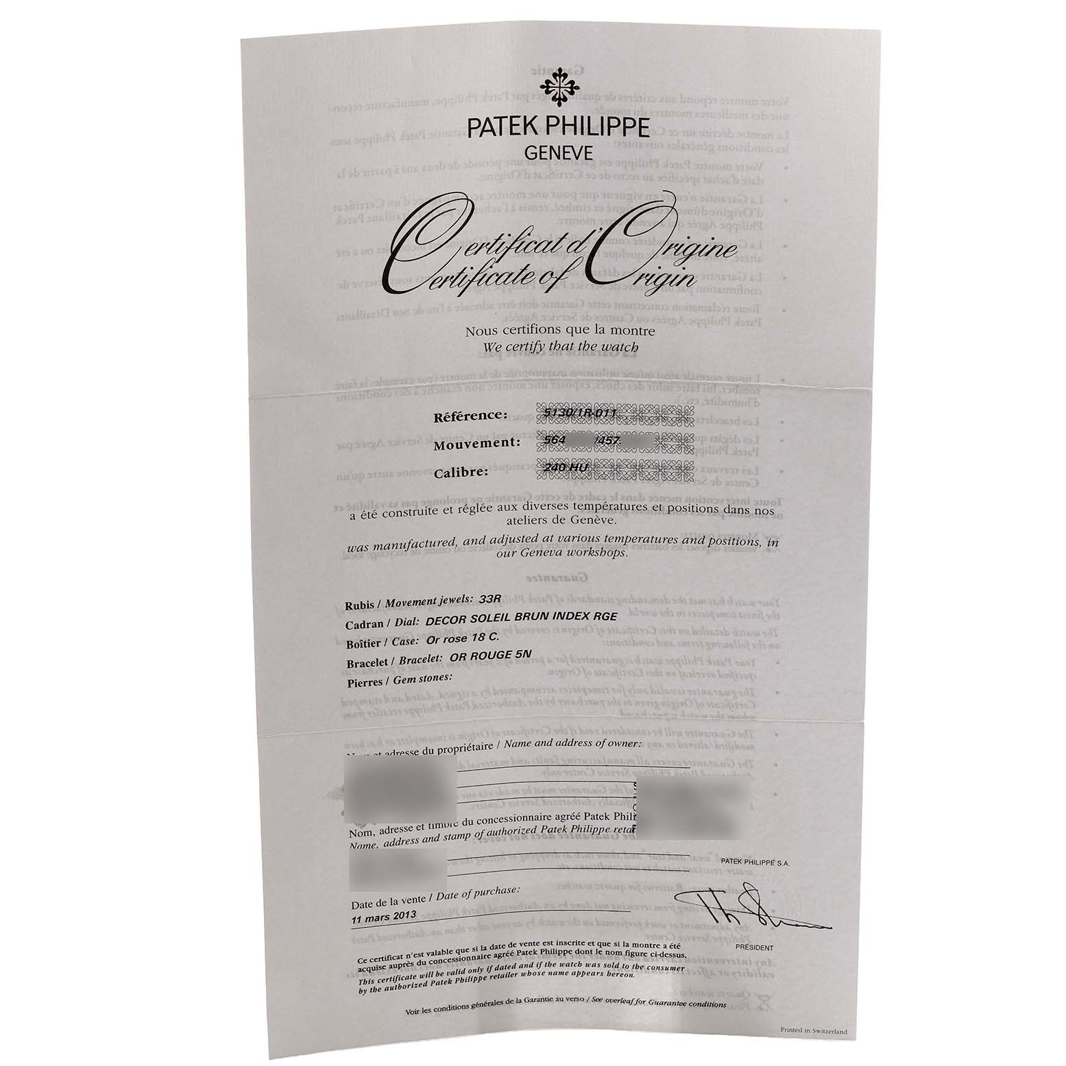 This image shows the Certificate of Origin for a Patek Philippe Complications 5130/1R-011 Men's Rose Gold Brown Dial model.