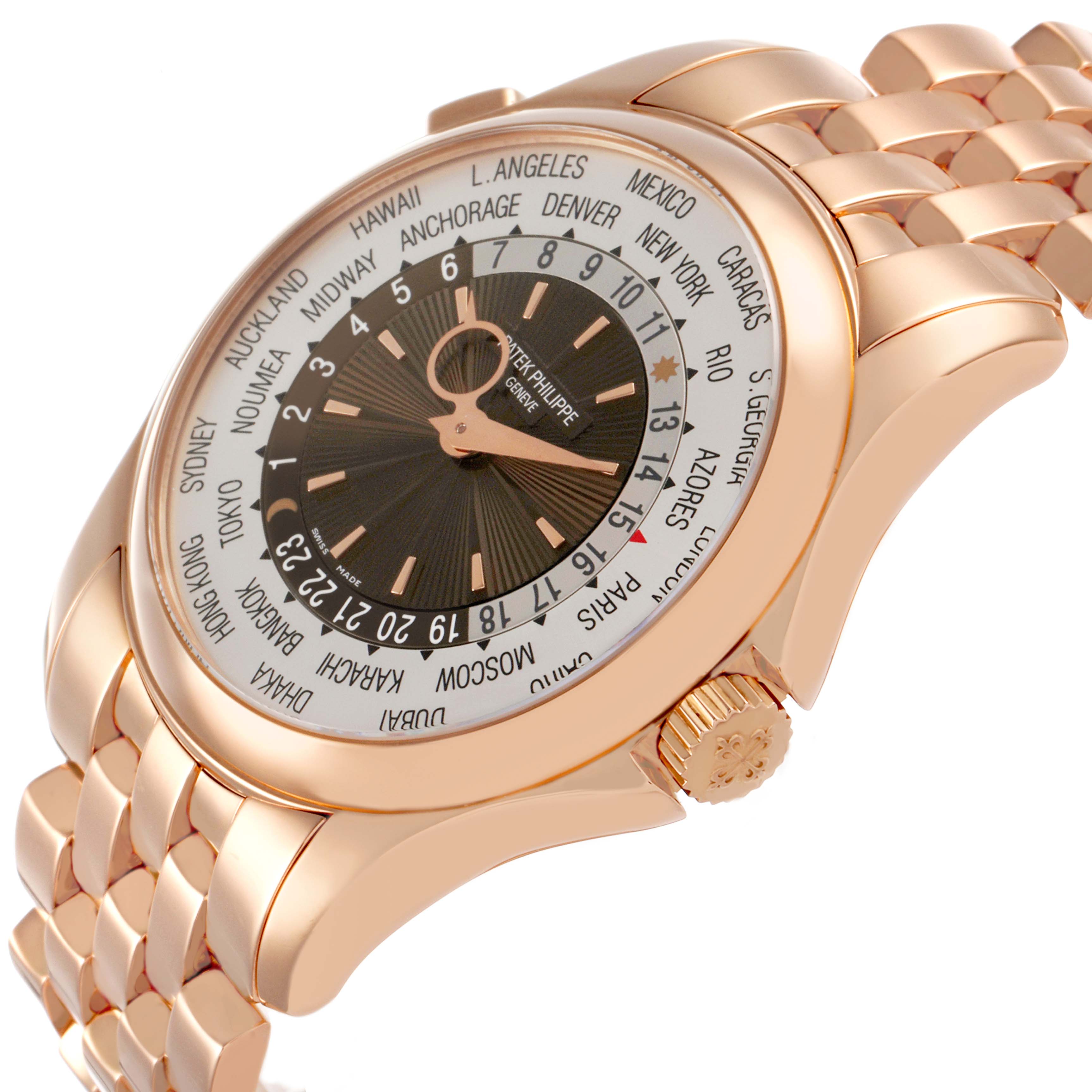 The image shows a side view of a Patek Philippe Complications 5130/1R-011 Men's Rose Gold Brown Dial watch, highlighting its rose gold case, crown, and bracelet.