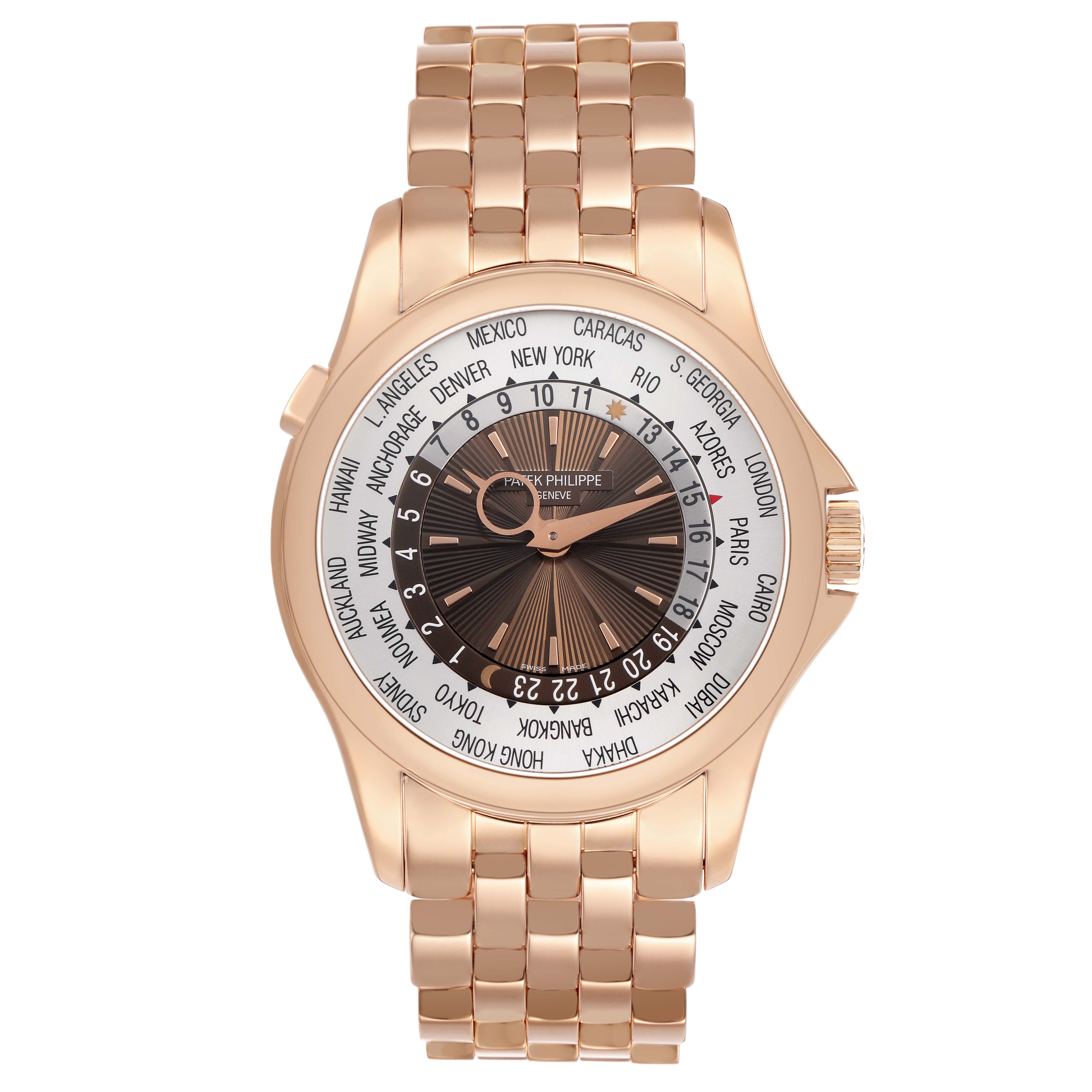 The Patek Philippe Complications 5130/1R-011 Men's Rose Gold Brown Dial watch is shown from a front angle, displaying the dial, world time cities, and bracelet.
