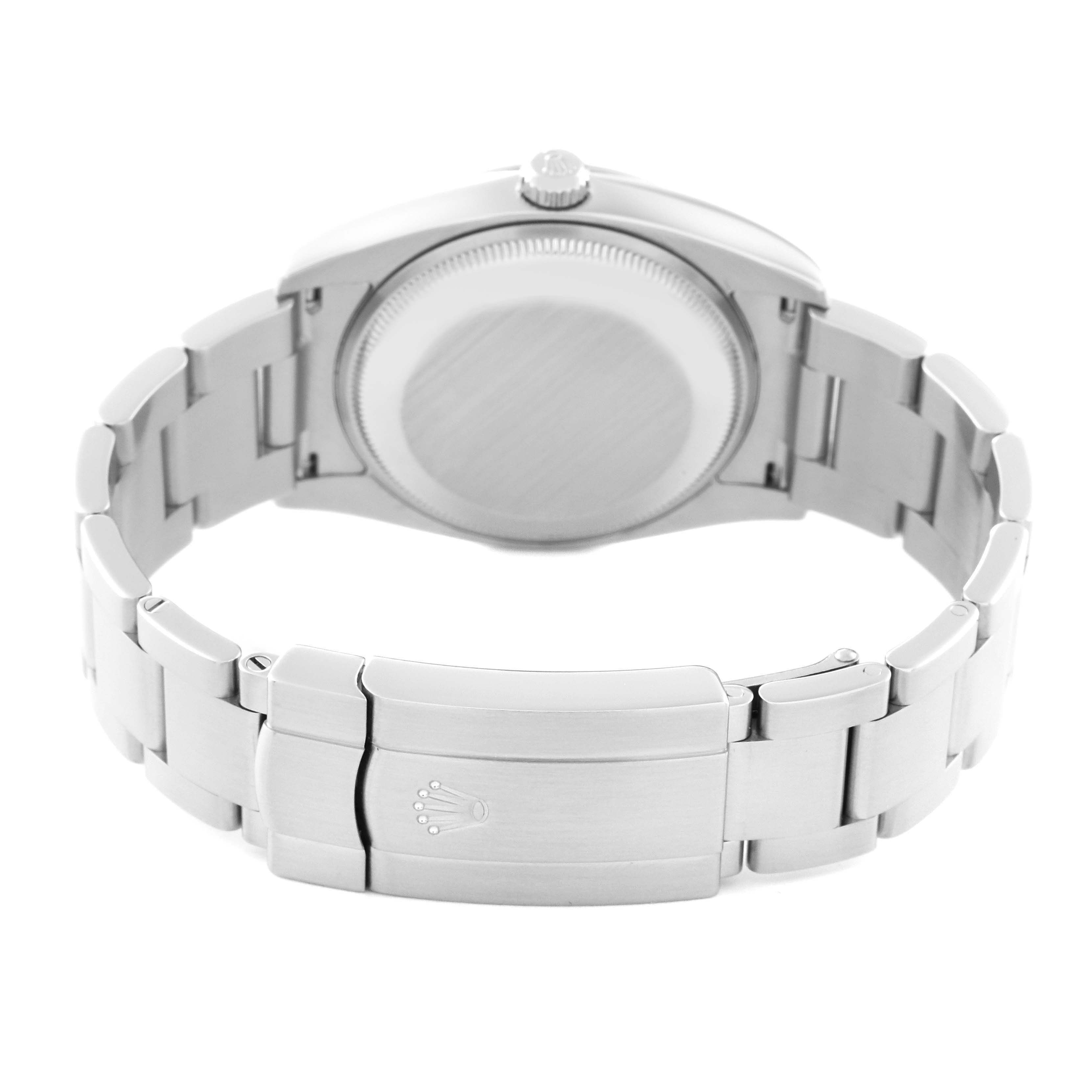 This image shows the rear view of the Rolex Air-King 114200 Men's Stainless Steel Grey Dial 114200 Men's Stainless Steel Grey Dial watch, including the case back, crown, and bracelet with the clasp.