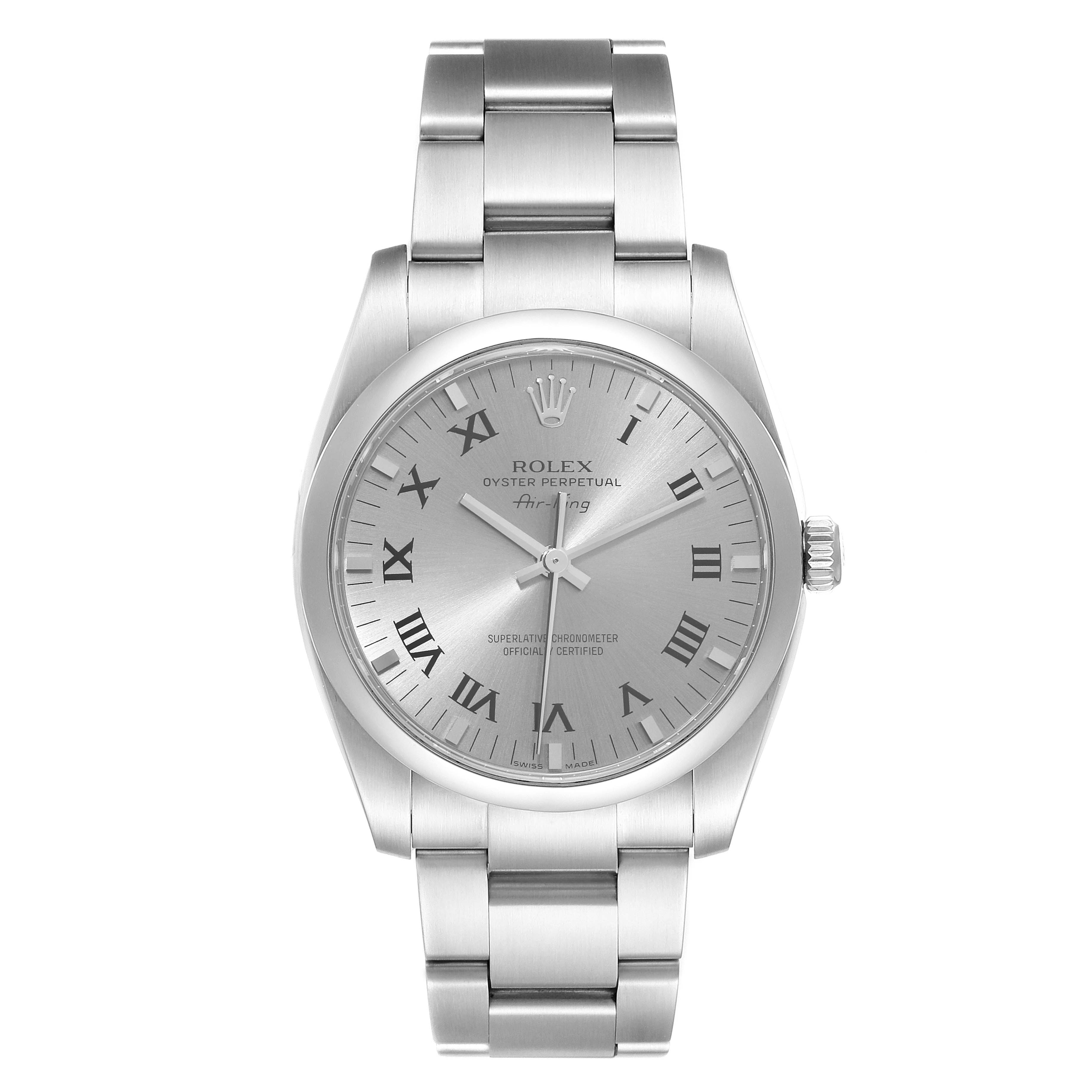 The image shows a frontal view of a Rolex Air-King 114200 Men's Stainless Steel Grey Dial 114200 Men's Stainless Steel Grey Dial watch, displaying its silver dial, bracelet, and Roman numeral markers.