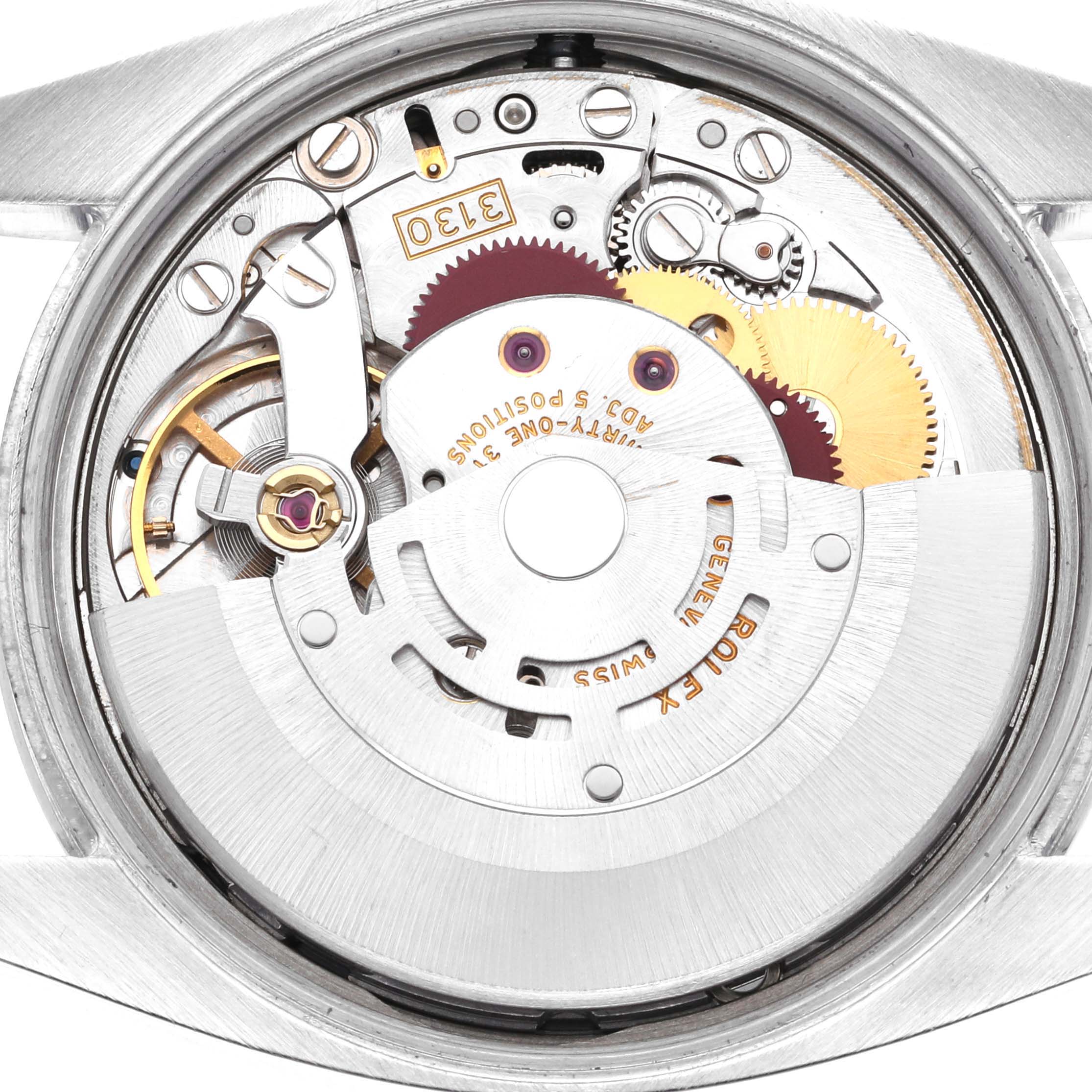 This image shows the internal mechanism of a Rolex Air-King 114200 Men's Stainless Steel Grey Dial 114200 Men's Stainless Steel Grey Dial watch from a top-down angle.