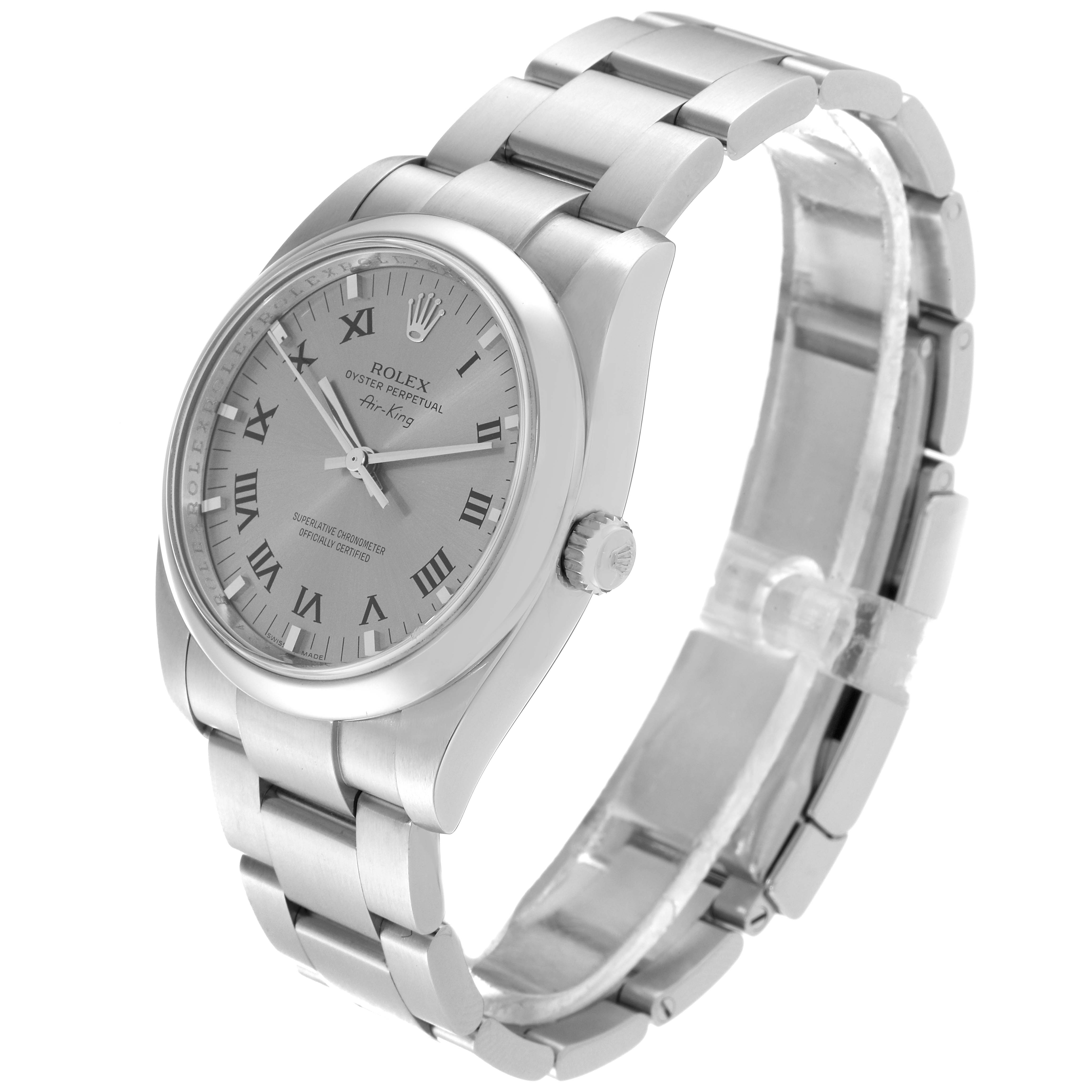 The image shows a side view of a Rolex Air-King 114200 Men's Stainless Steel Grey Dial 114200 Men's Stainless Steel Grey Dial watch, highlighting the face, bezel, and bracelet.